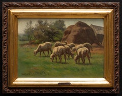 Antique Sheep Grazing in Landscape with Hay Bales by Carleton Wiggins, 19th century