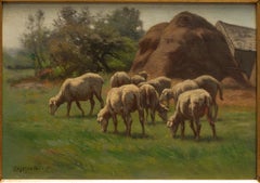 Sheep Grazing in Landscape with Hay Bales by Carleton Wiggins, 19th century