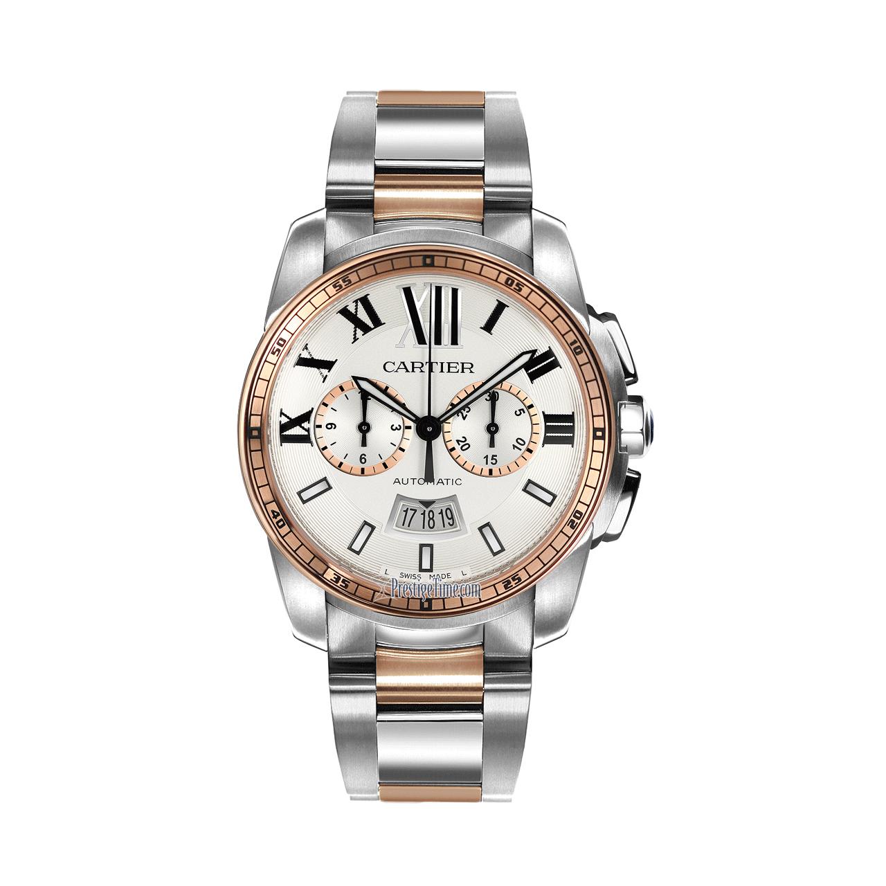 Pre-owned Calibre de Cartier watch model W7100042. 42mm stainless steel round case with stainless steel and 18k rose gold bracelet. Silver dial with luminous hands and roman numeral. Fixed 18k rose gold bezel. Automatic movement. Skeleton case back.