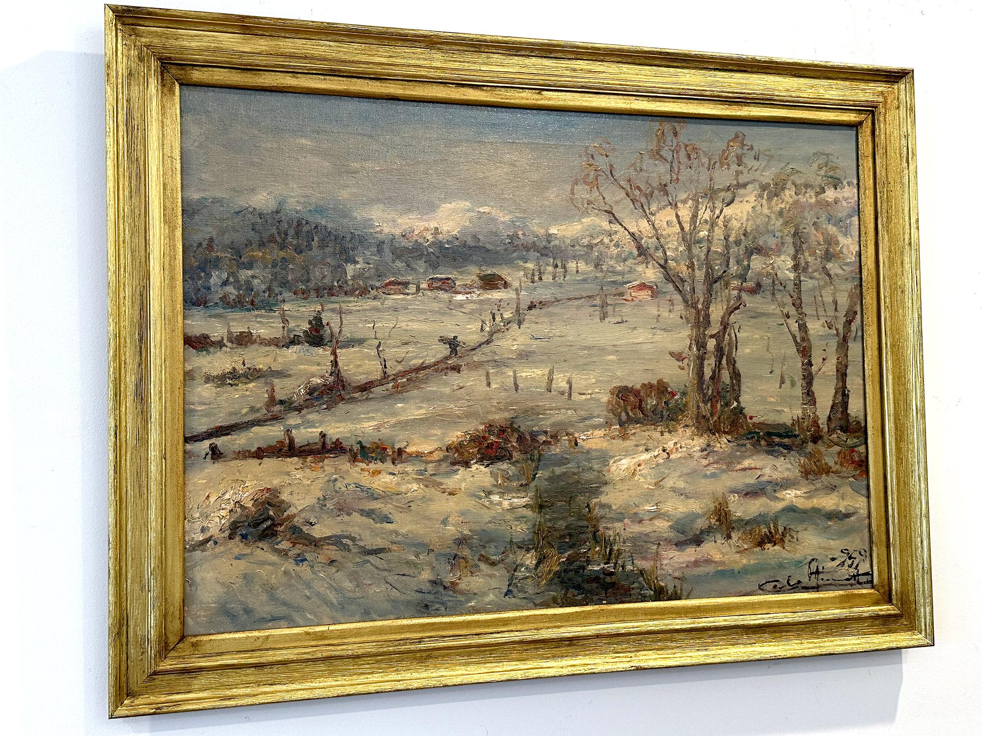 Peinture à l'huile impressionniste du milieu du siècle dernier « Neve in Val Ceresio », paysage en neige en vente 13