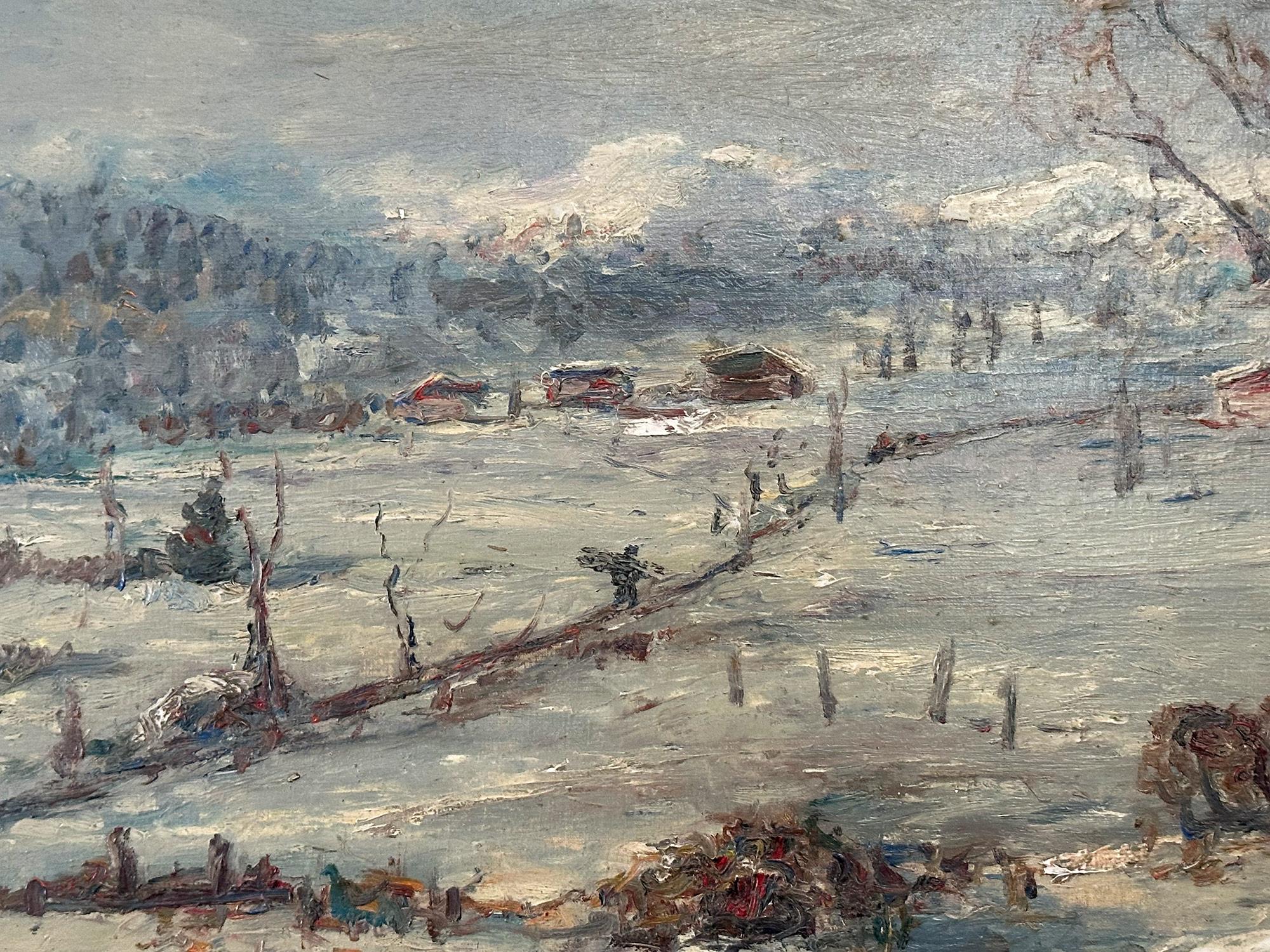 Peinture à l'huile impressionniste du milieu du siècle dernier « Neve in Val Ceresio », paysage en neige - Impressionnisme Painting par Carlo Aimetti 