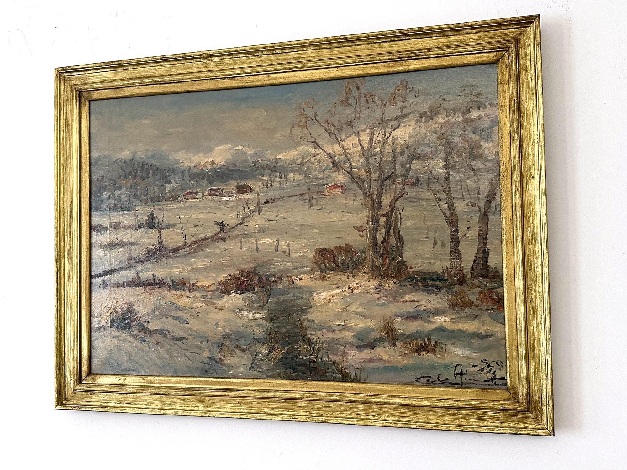 Peinture à l'huile impressionniste du milieu du siècle dernier « Neve in Val Ceresio », paysage en neige en vente 1