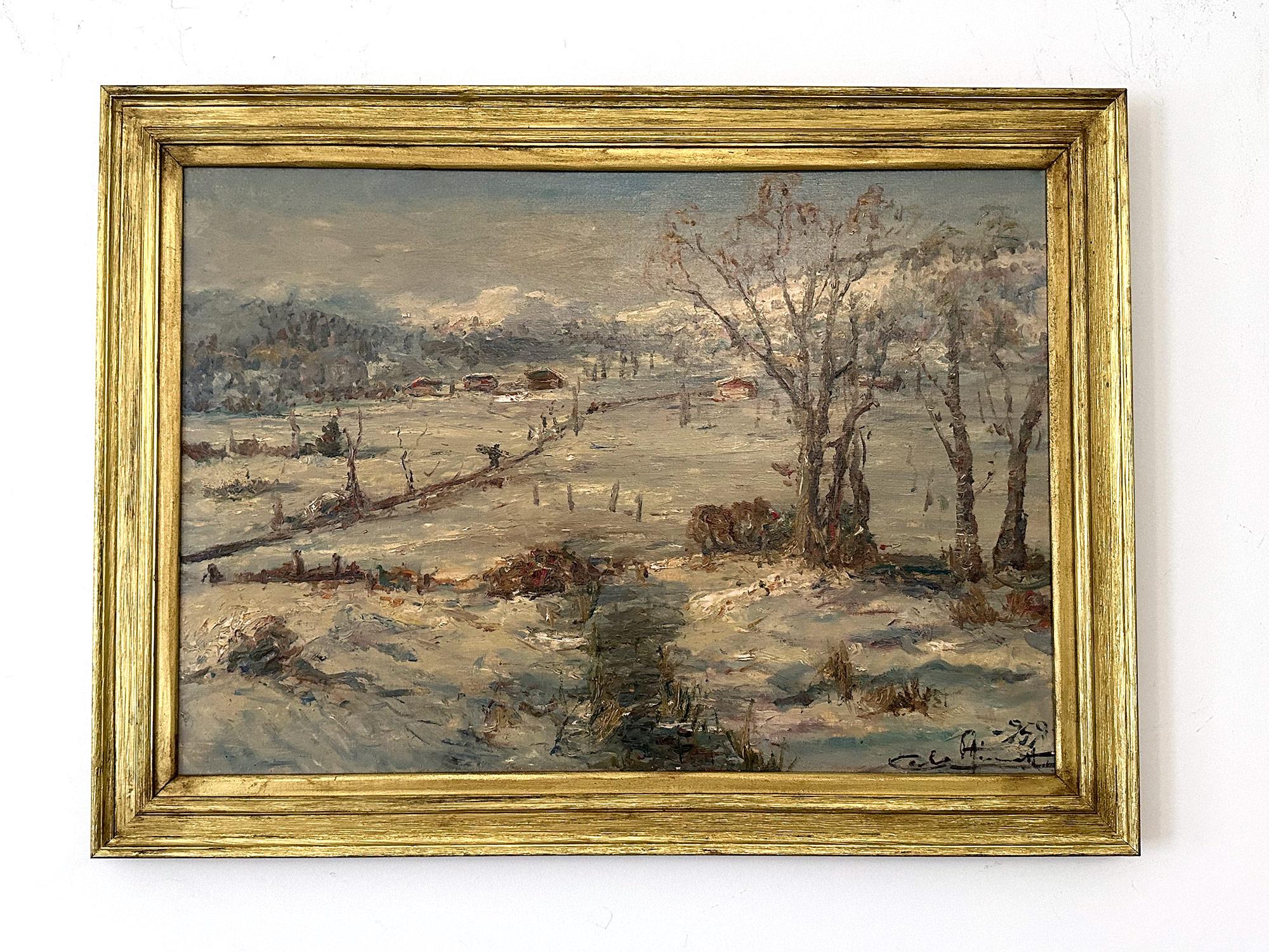 Peinture à l'huile impressionniste du milieu du siècle dernier « Neve in Val Ceresio », paysage en neige en vente 2
