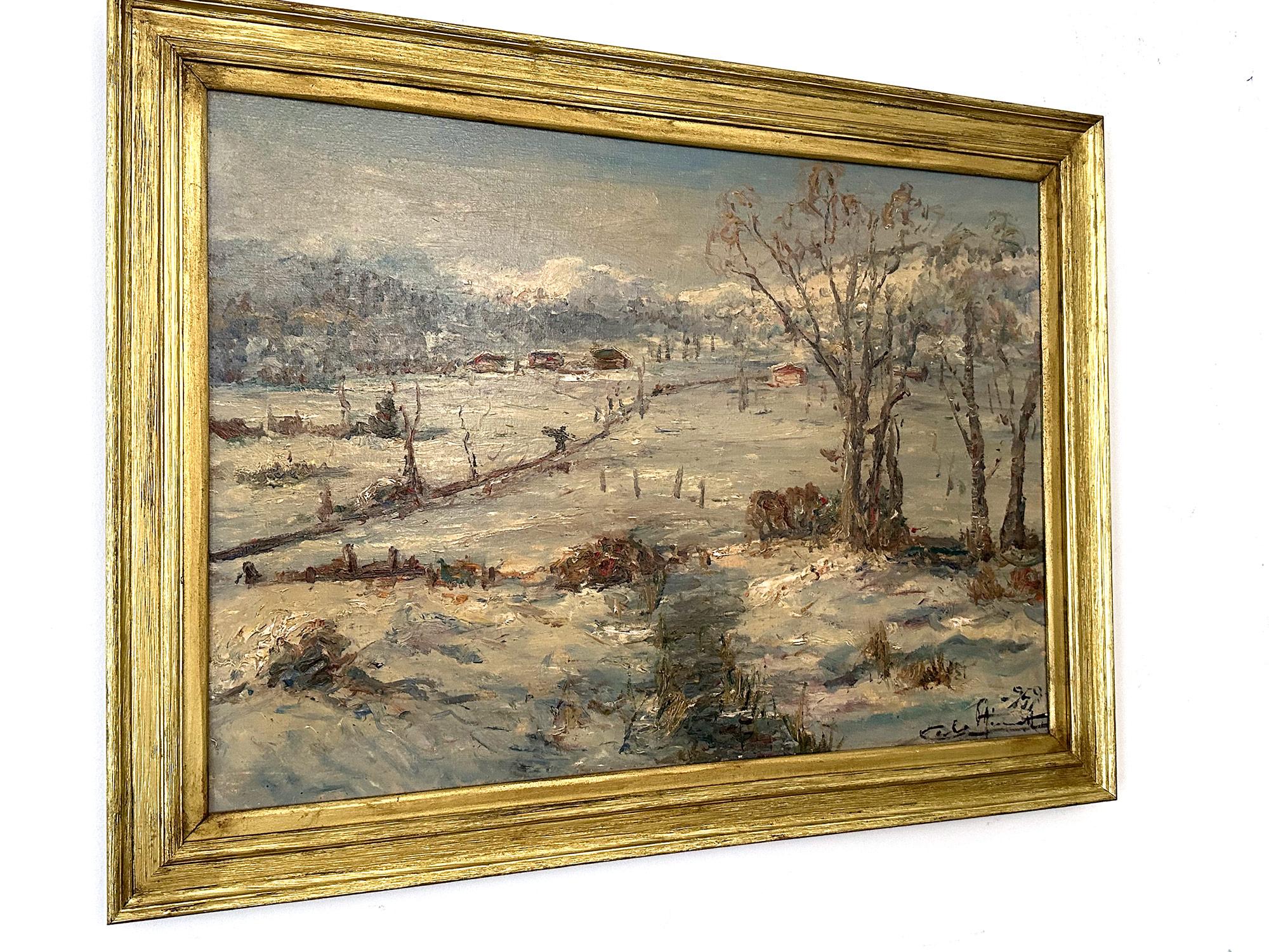 Peinture à l'huile impressionniste du milieu du siècle dernier « Neve in Val Ceresio », paysage en neige en vente 3