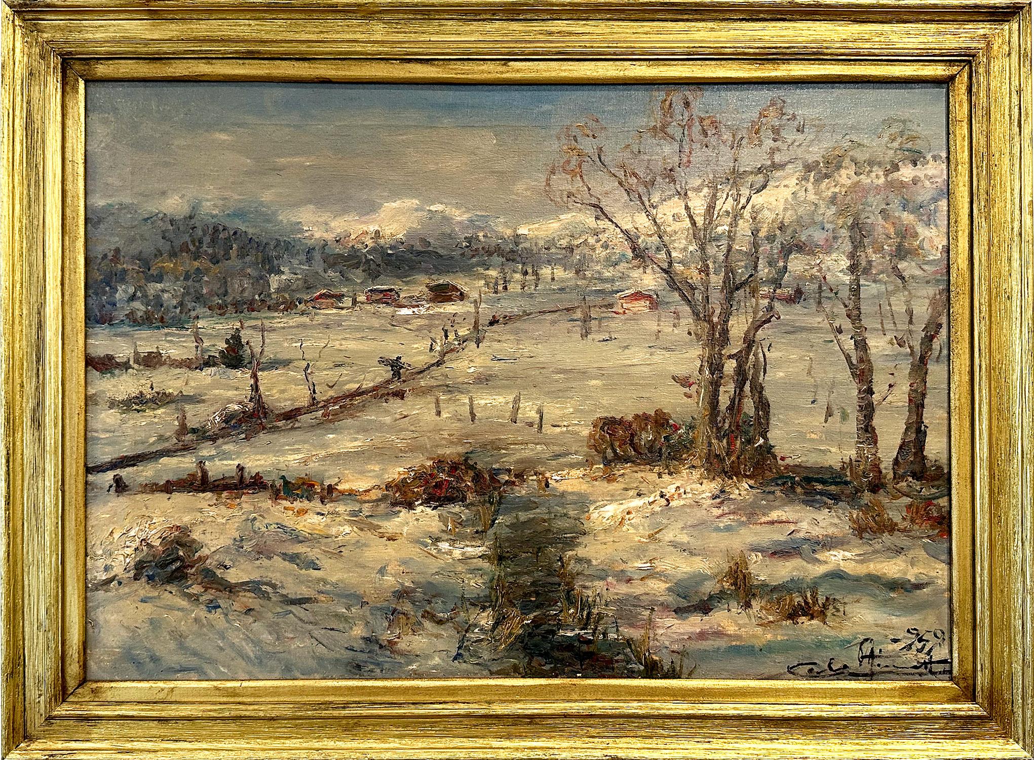 Landscape Painting Carlo Aimetti  - Peinture à l'huile impressionniste du milieu du siècle dernier « Neve in Val Ceresio », paysage en neige