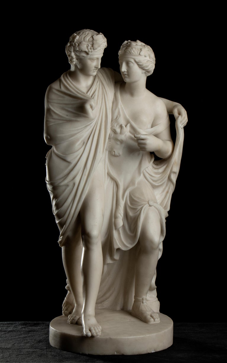Italienische Bacchus und AriadneSkulptur aus weißem Marmor, 19
