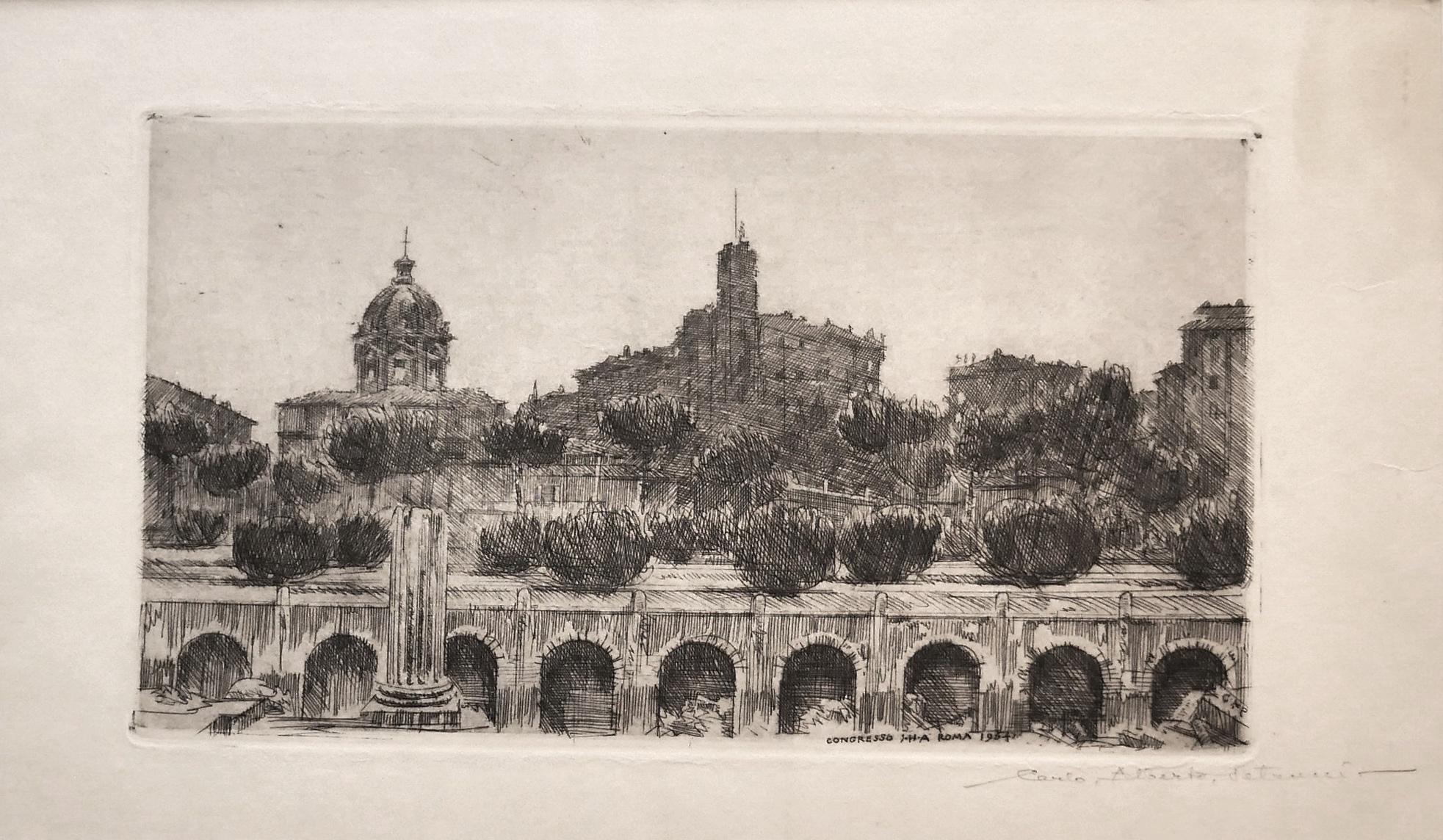 Landscape Print di Carlo Alberto Petrucci - Veduta di Roma - Acquaforte e puntasecca di C.A. Petrucci - 1964