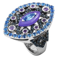 Carlo Barberis 18 Karat White Gold Black Diamond and Sapphire Ring