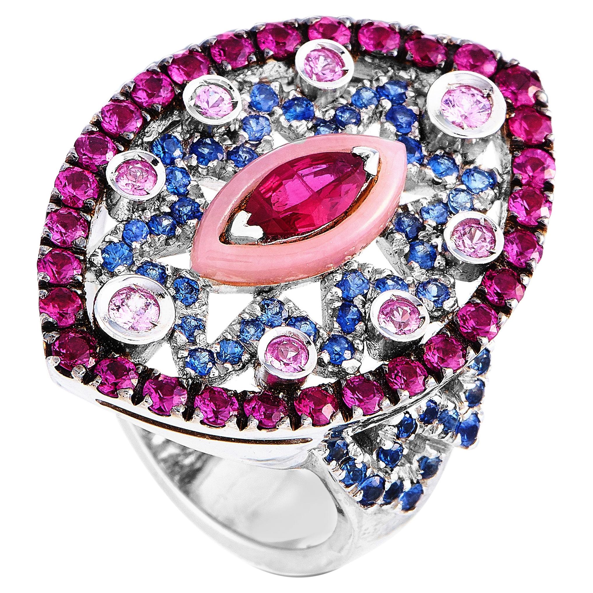 Carlo Barberis 18 Karat White Gold Sapphire and Ruby Marquise Ring