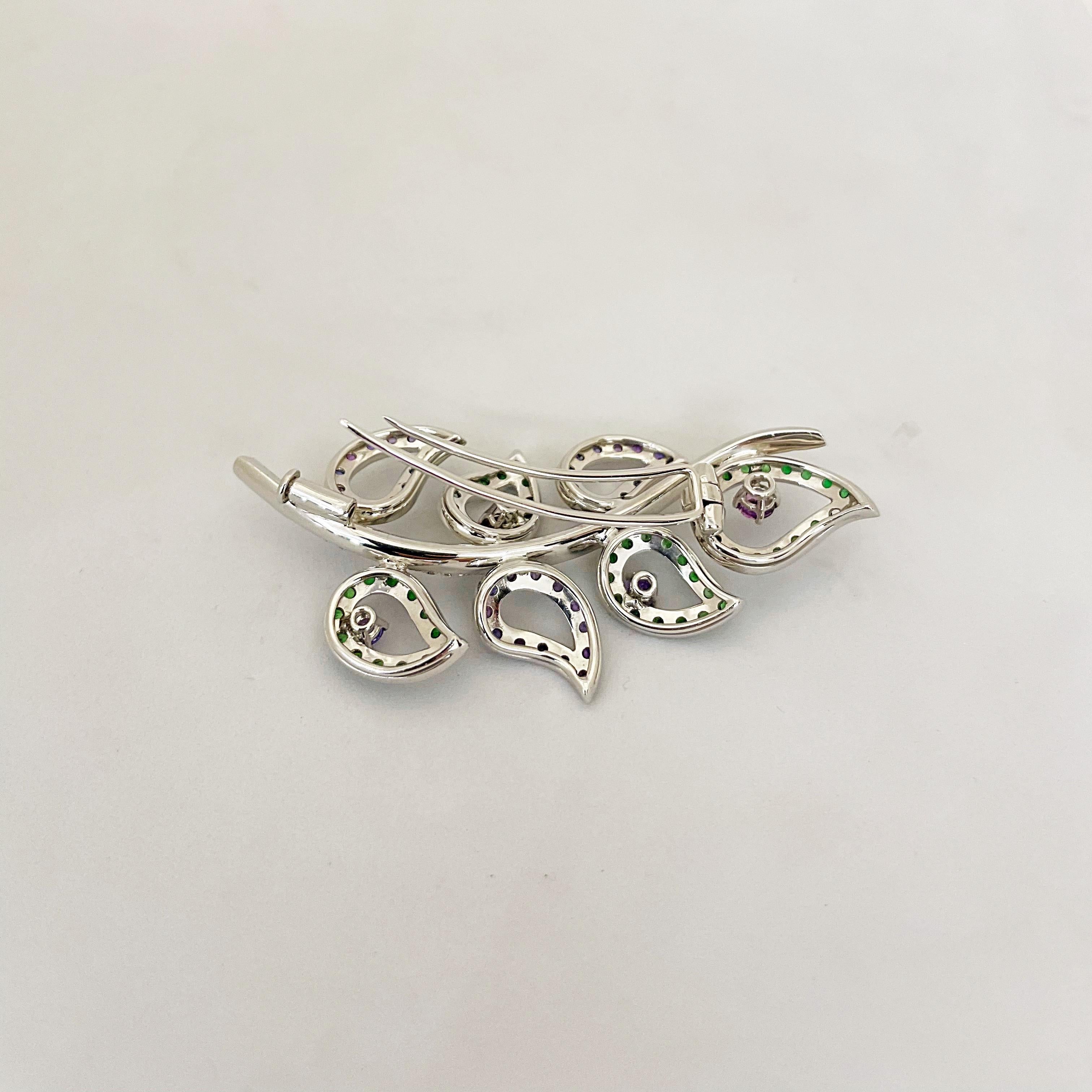 Modern Carlo Barberis 18 Karat WG, Diamond, Lavender Sapphire and Tsavorite Leaf Brooch For Sale