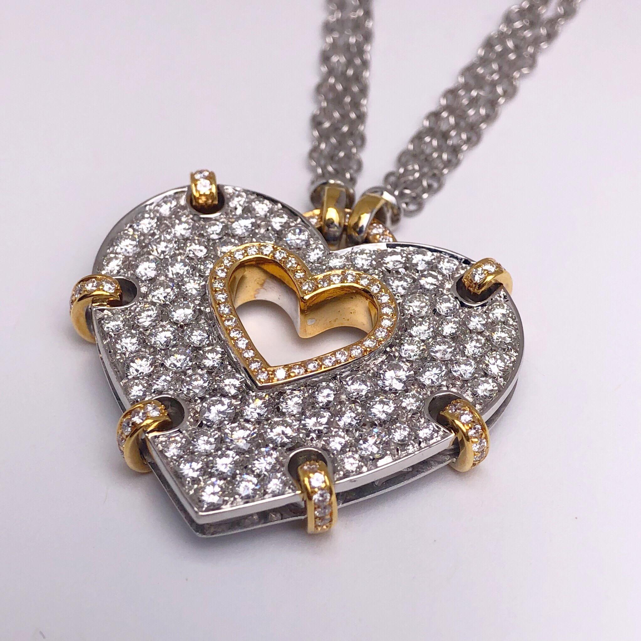 Round Cut Carlo Barberis 18KT White and Rose Gold & 3.00Ct. Diamond Heart Pendant Necklace For Sale