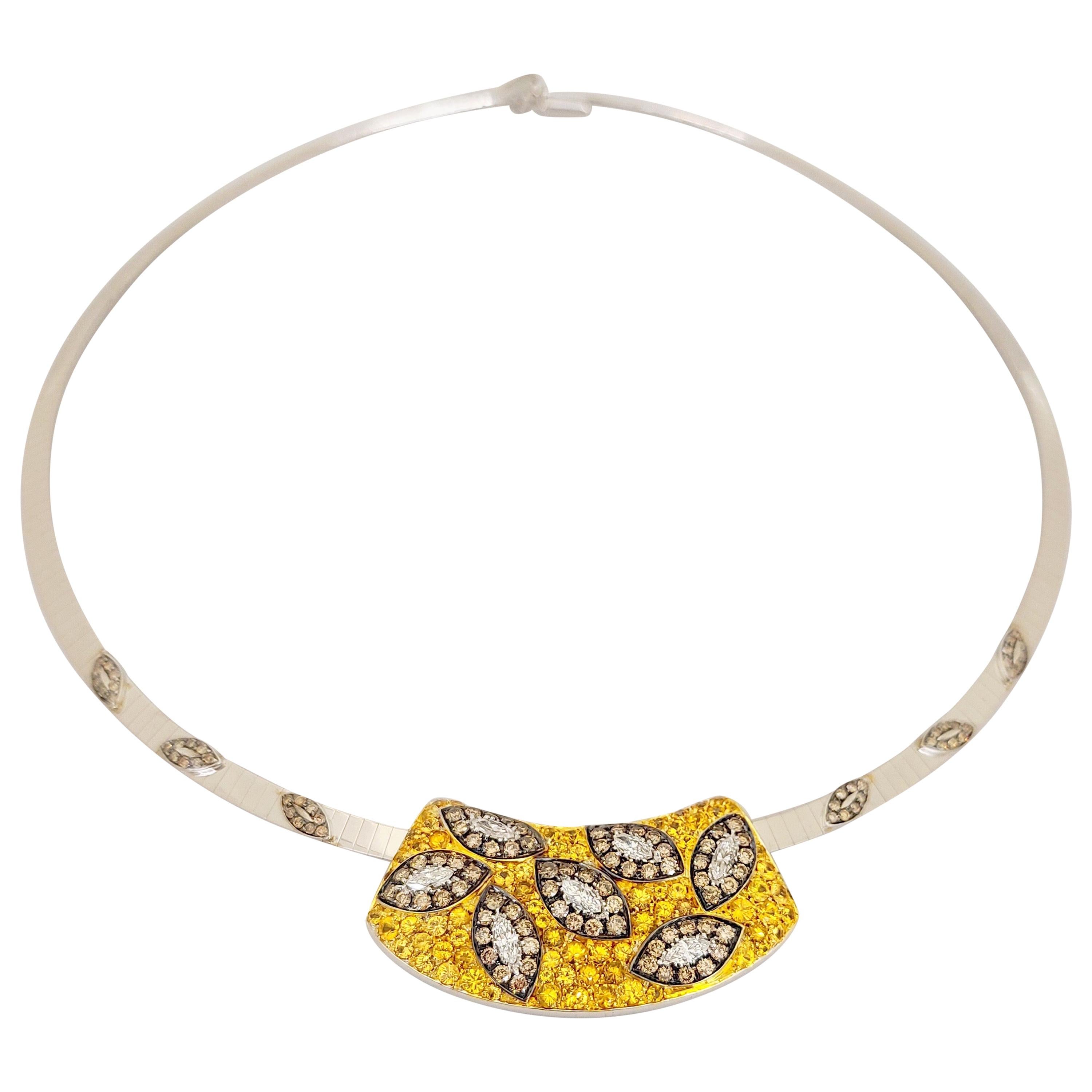 Carlo Barberis 18KT White Gold Yellow Sapphires, Brown & White Diamond Necklace For Sale