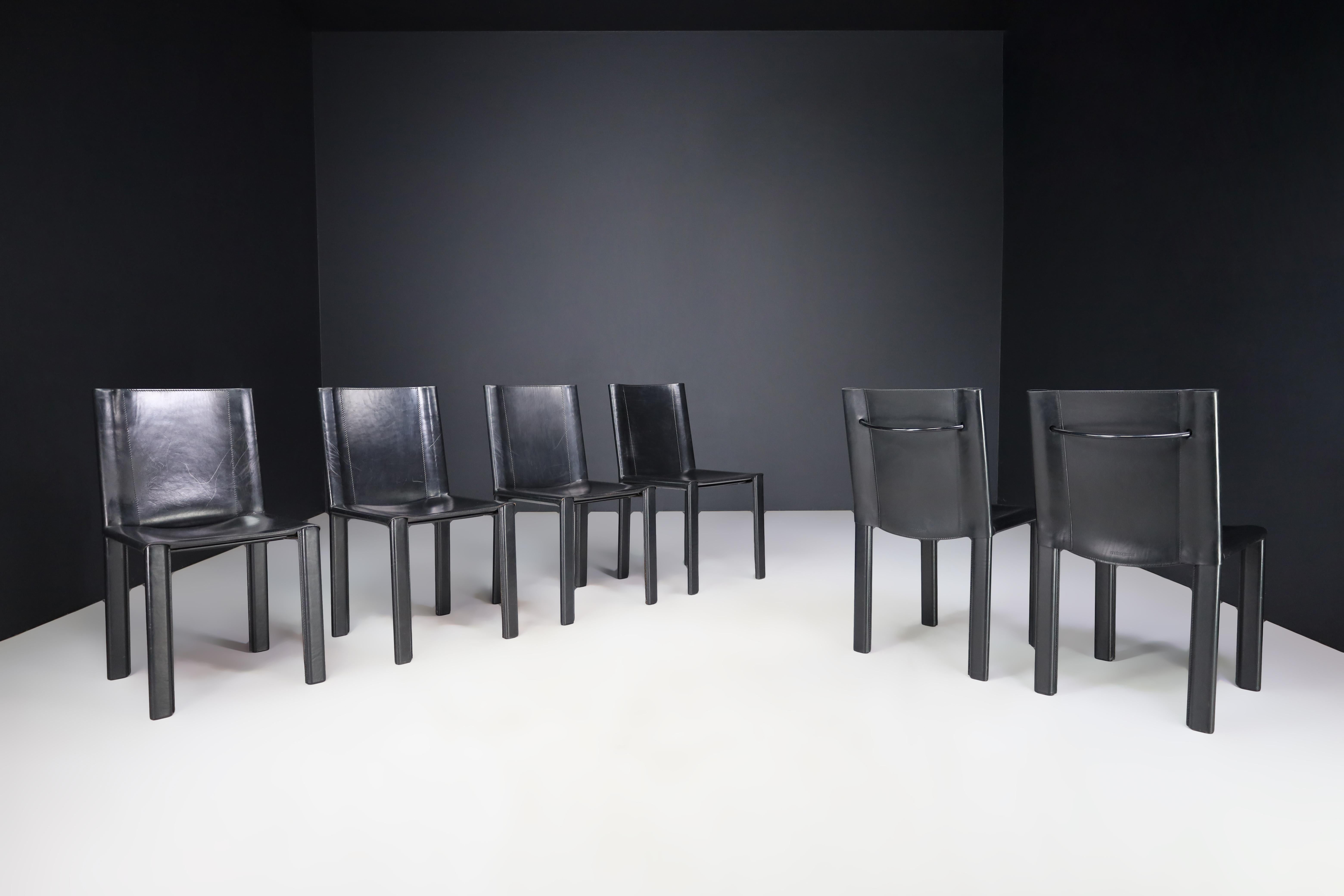 Carlo Bartoli Black Leather Dining Room Chairs for Matteo Grassi Italy 1980s  In Good Condition For Sale In Almelo, NL