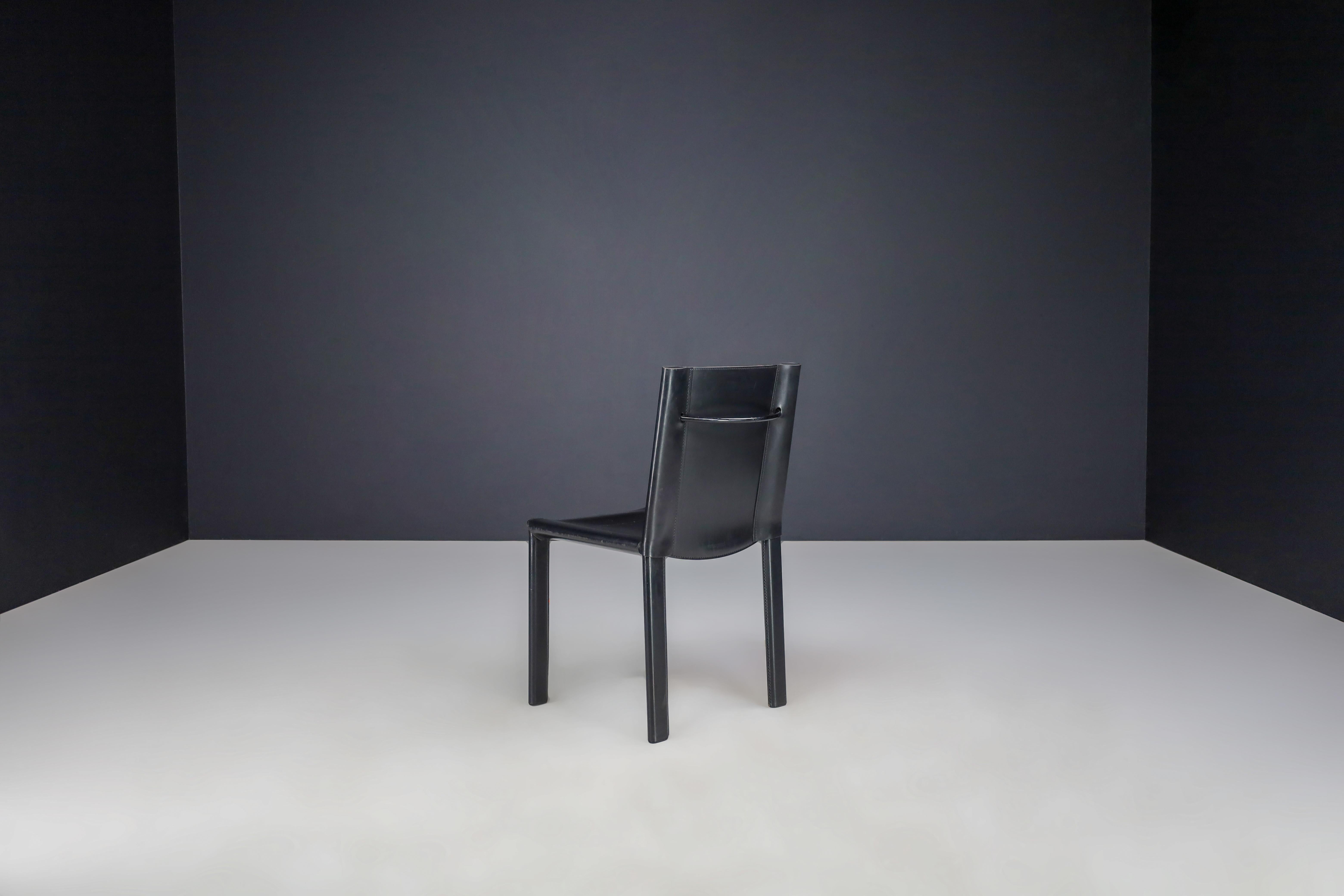 Metal Carlo Bartoli Black Leather Dining Room Chairs for Matteo Grassi Italy 1980s  For Sale
