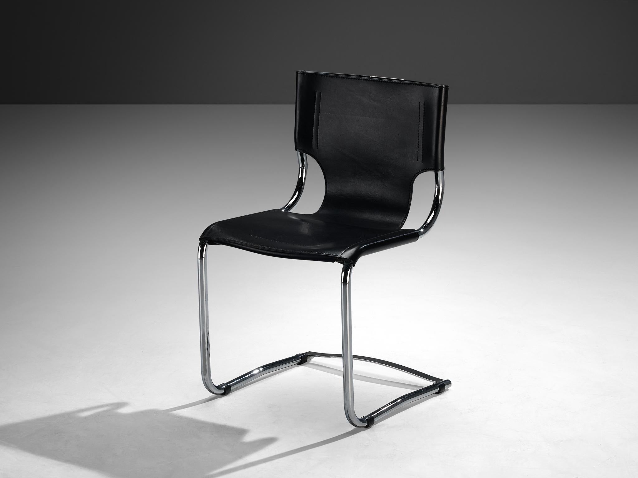 Carlo Bartoli for T 70, dining chair, model '920', black leather, chrome-plated metal, Italy, design 1971.

Designed by Carlo Bartoli, this elegant cantilevered dining chair features a sleek tubular steel frame paired with luxurious black leather.