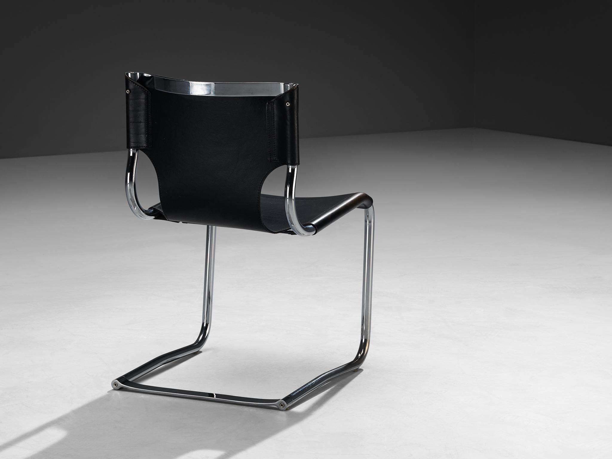Mid-Century Modern Carlo Bartoli for T 70 Tubular Dining Chair in Black Leather and Steel For Sale