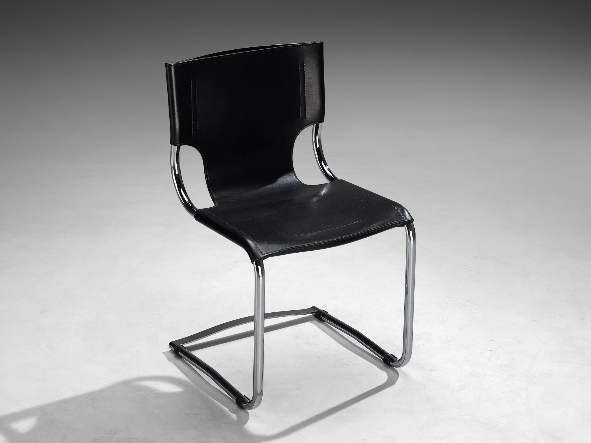 Italian Carlo Bartoli for T 70 Tubular Dining Chair in Black Leather and Steel For Sale