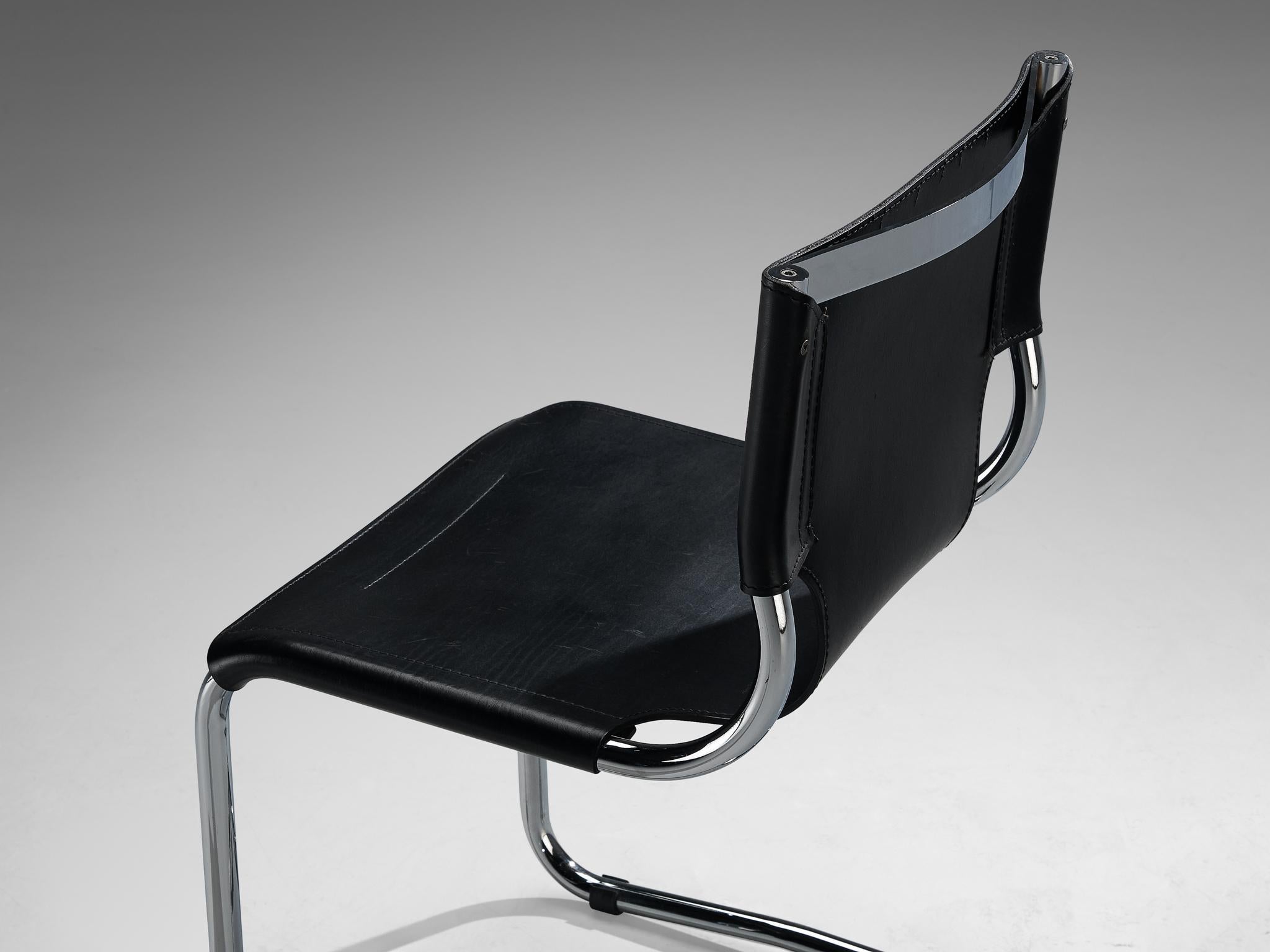 Late 20th Century Carlo Bartoli for T 70 Tubular Dining Chair in Black Leather and Steel For Sale