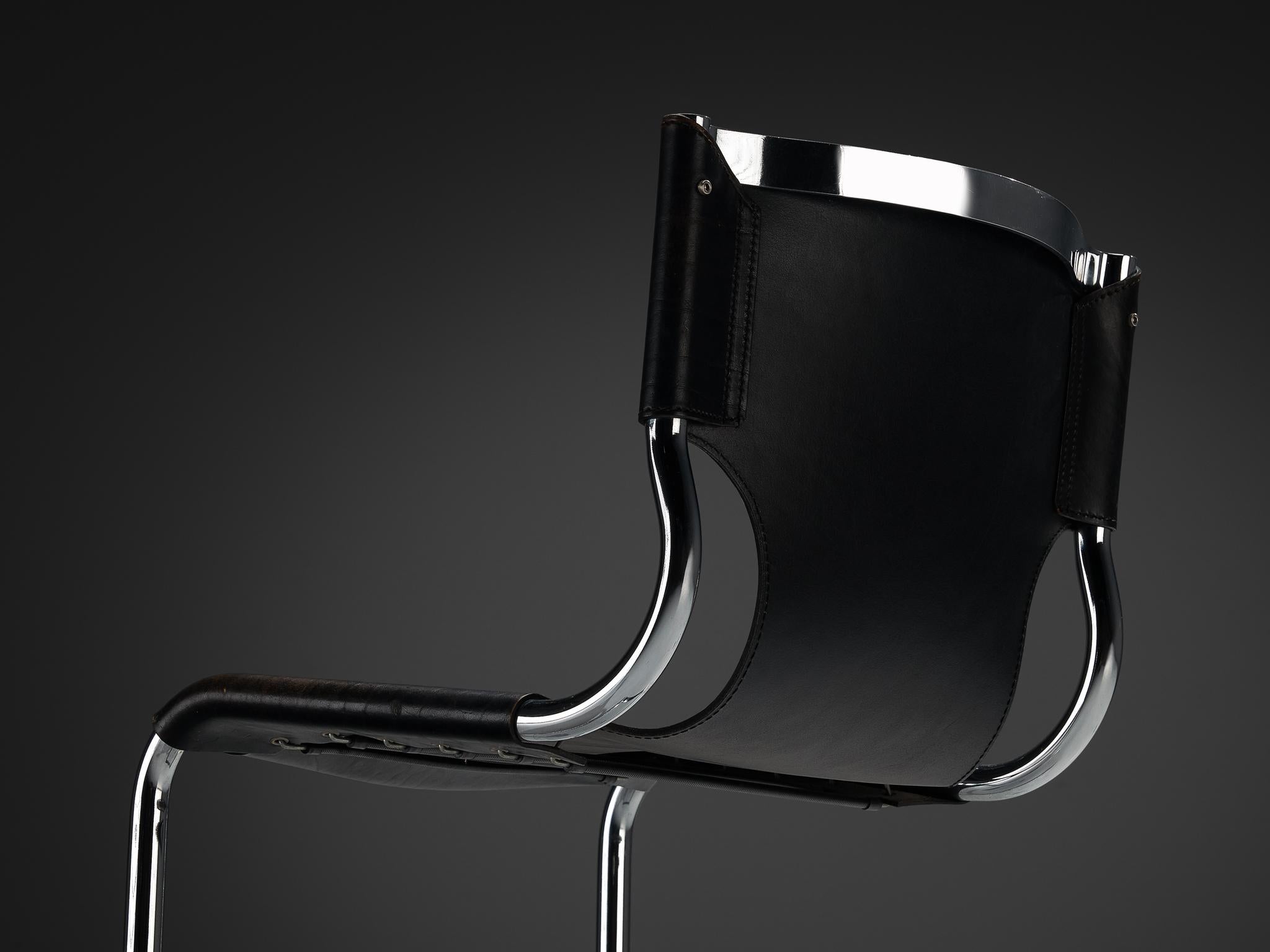 Late 20th Century Carlo Bartoli for T 70 Tubular Dining Chair in Black Leather and Steel For Sale