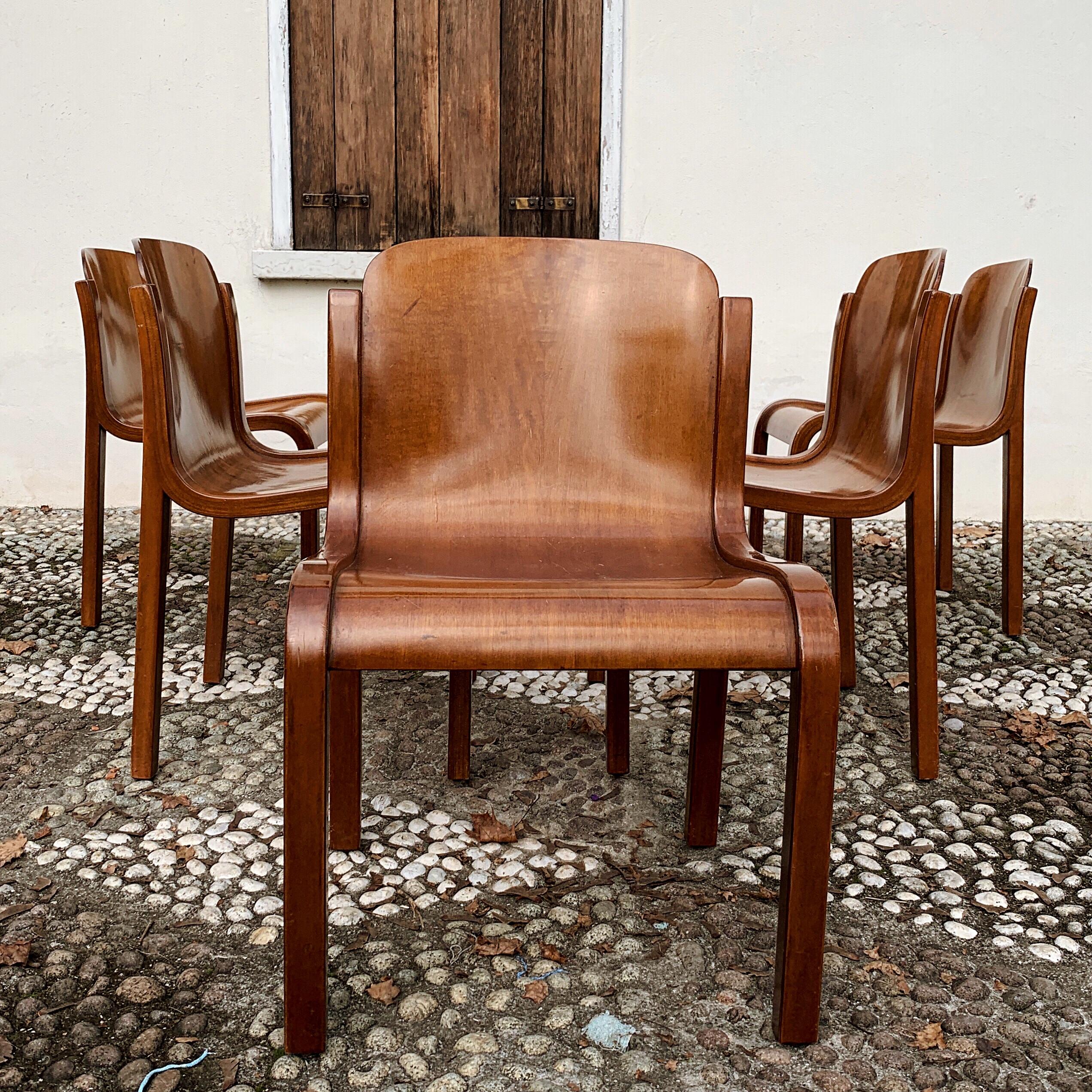 Mid-20th Century Carlo Bartoli Midcentury Plywood Dining Chairs “Mito” for T70, 1969, Set of 6 For Sale