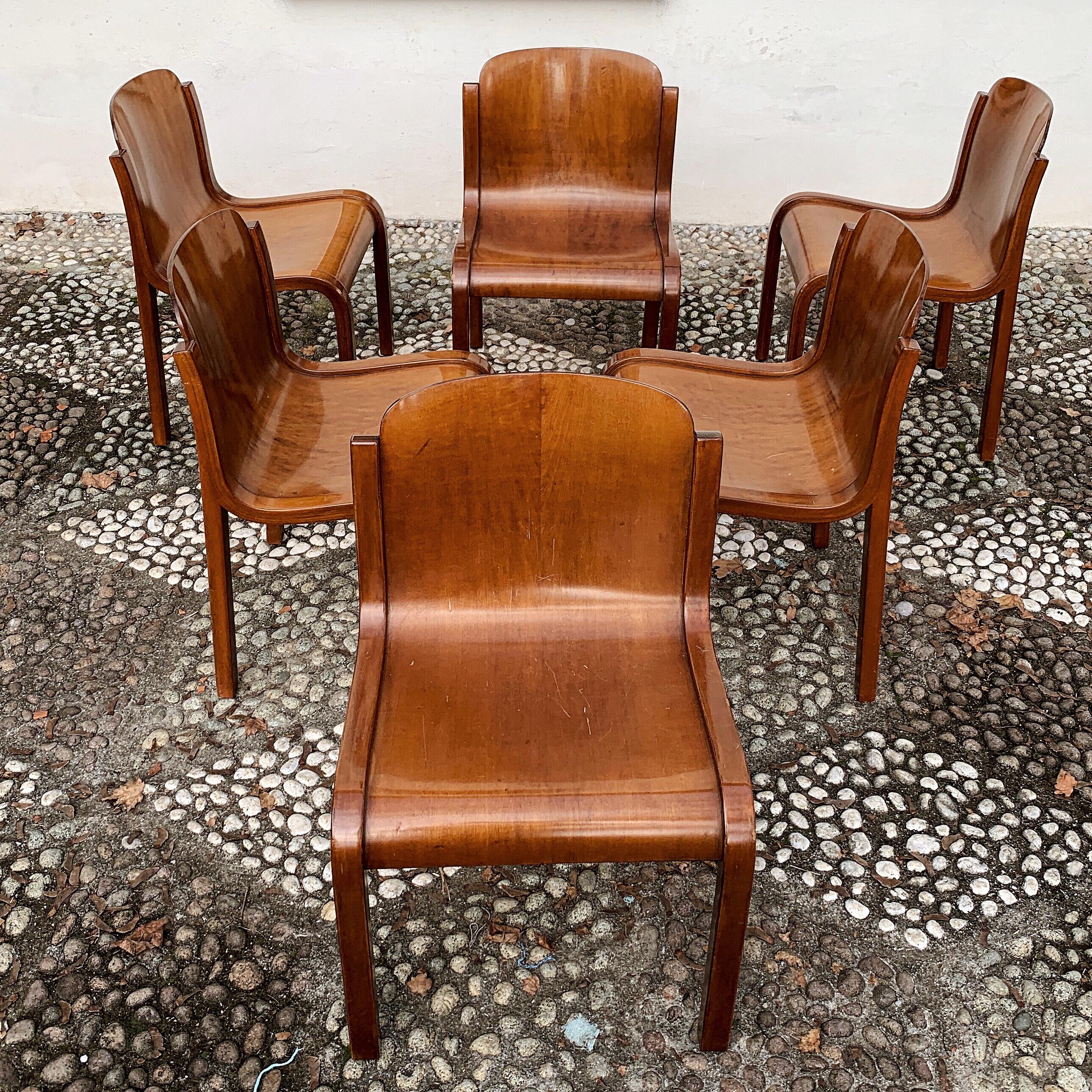 Beech Carlo Bartoli Midcentury Plywood Dining Chairs “Mito” for T70, 1969, Set of 6 For Sale