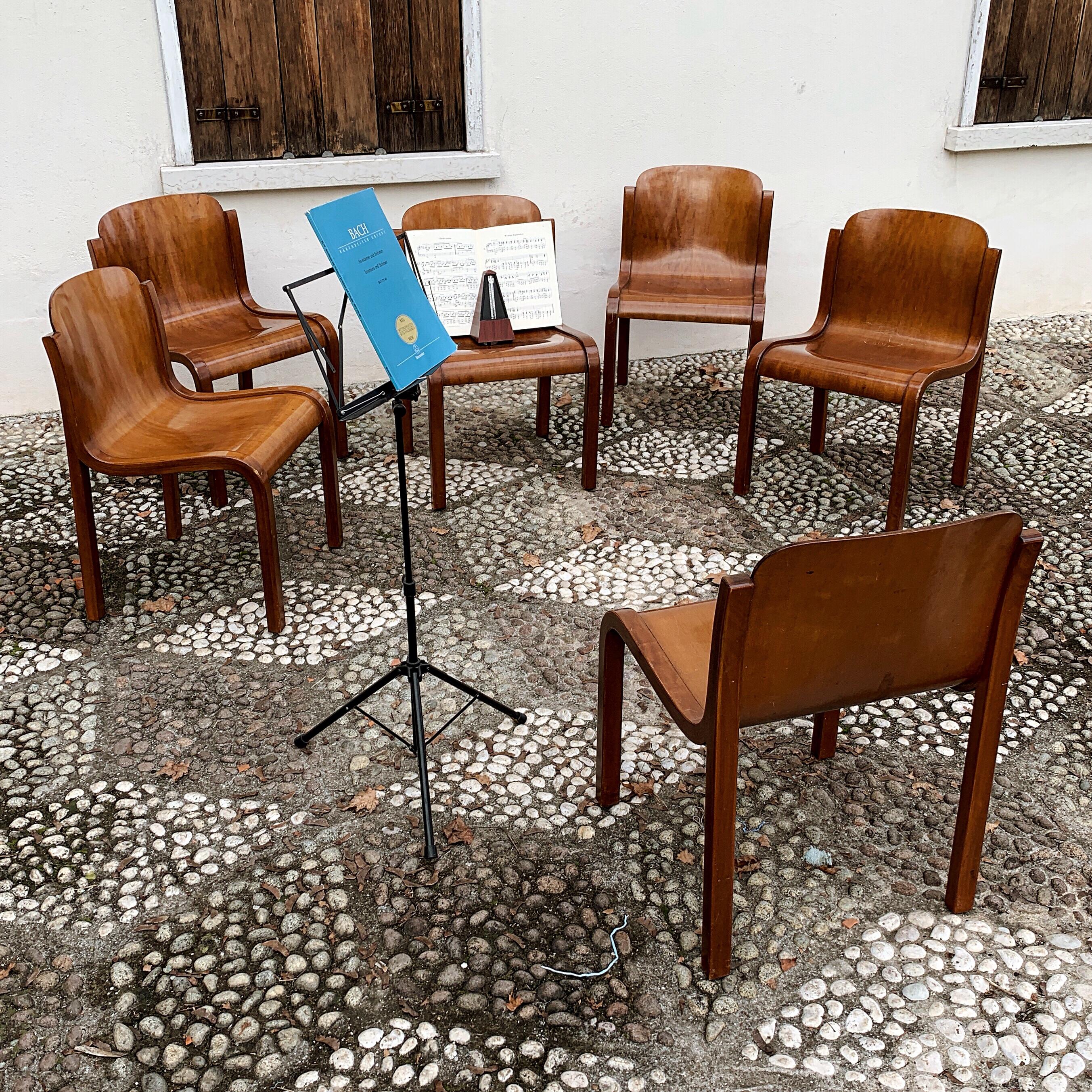Carlo Bartoli Midcentury Plywood Dining Chairs “Mito” for T70, 1969, Set of 6 For Sale 2
