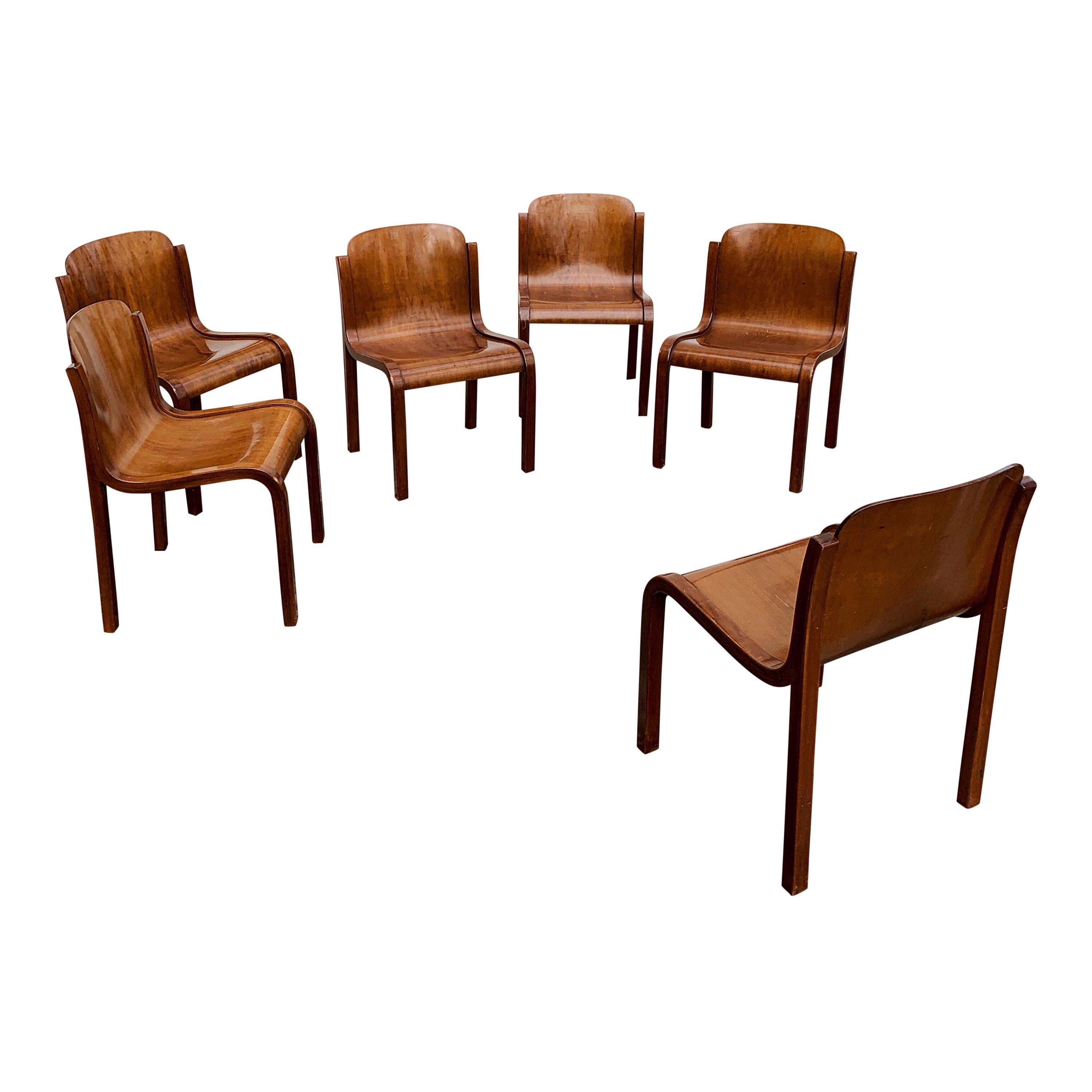 Carlo Bartoli Midcentury Plywood Dining Chairs “Mito” for T70, 1969, Set of 6 For Sale