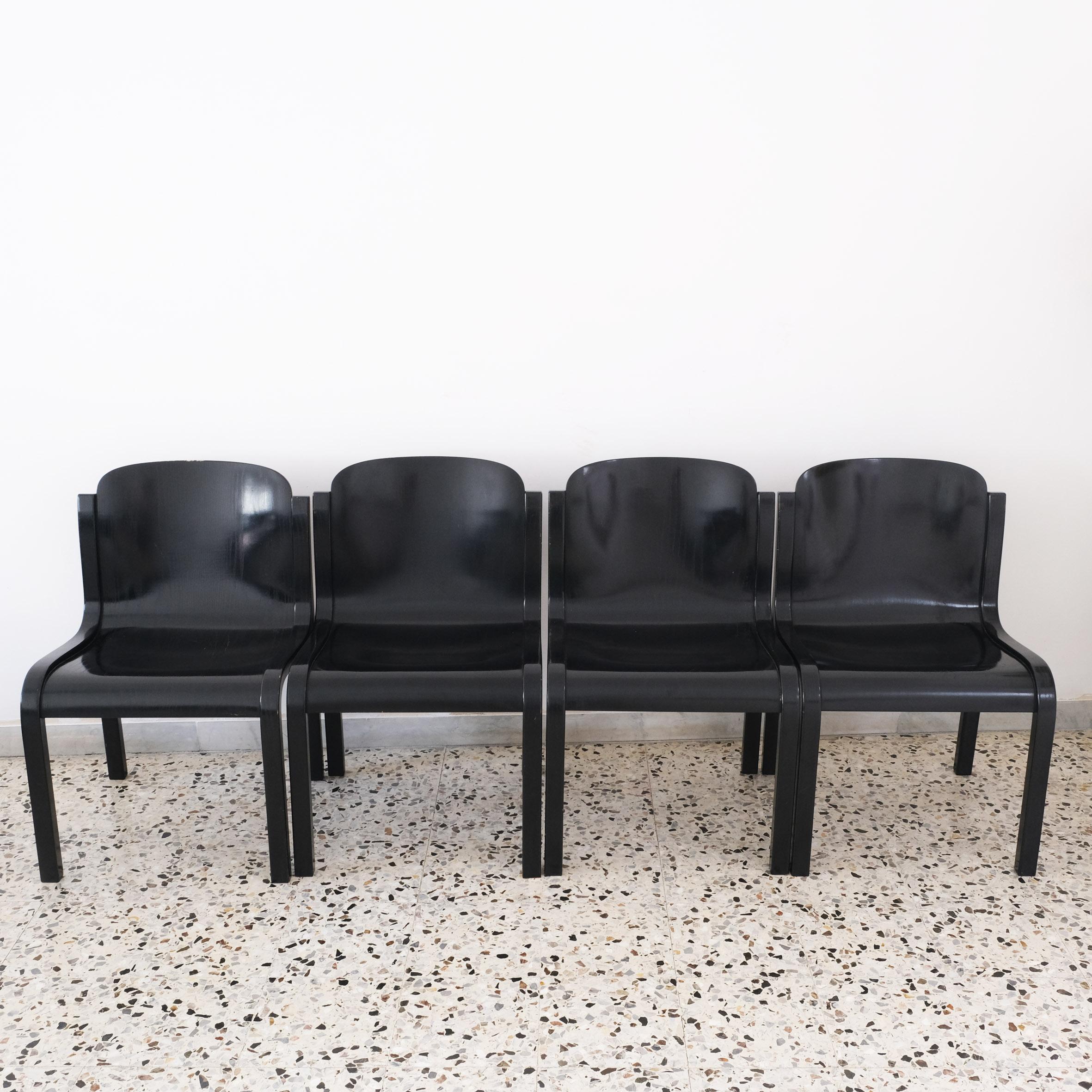 Carlo Bartoli

Mito

A beautiful set of four black lacquered ash wood chairs, the seat and back made of one s shaped bentwood piece.
Edited par Tisettanta, Giussano, Milano.
Italy, circa 1969.

Dimensions
Height : 75 cm
Width : 47 cm
Depth : 40