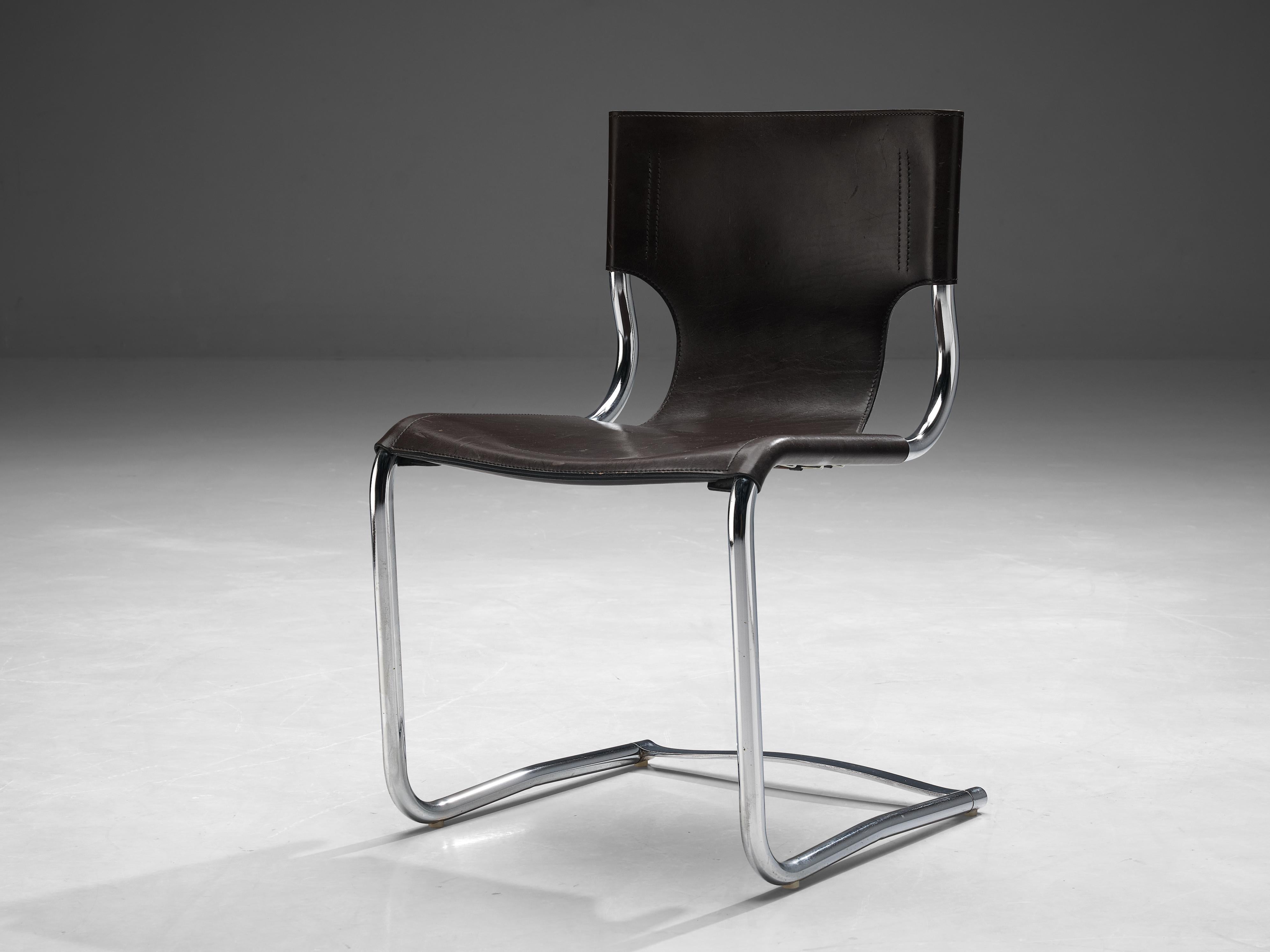 Carlo Bartoli, dining chair ‘920’, leather and chromed steel, Italy, 1971 

This subtle and modest chair features beautiful dark brown leather with tubular chromed steel. The frame of this cantilever chair is S-shaped and consist of one bent tube.