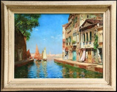 Venezia - Olio impressionista, Barche in un paesaggio marino estivo di Carlo Brancaccio