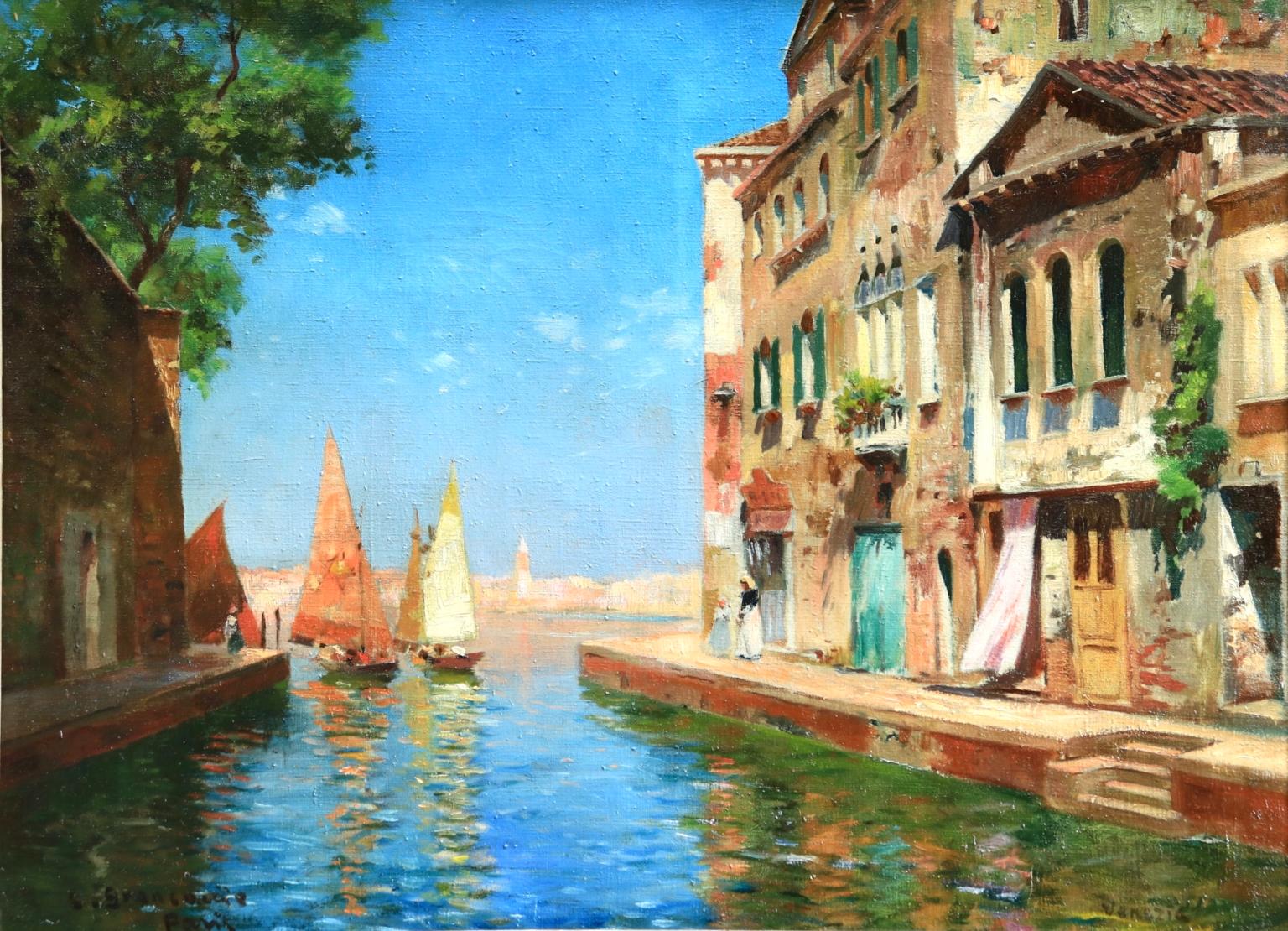 A wonderful oil on canvas by Italian impressionist painter Carlo Brancaccio depicting sail boats sailing out from the Venetian canal to the sea. Signed lower left & inscribed Paris and titled lower right 'Venezia'. 

Dimensions:
Framed: