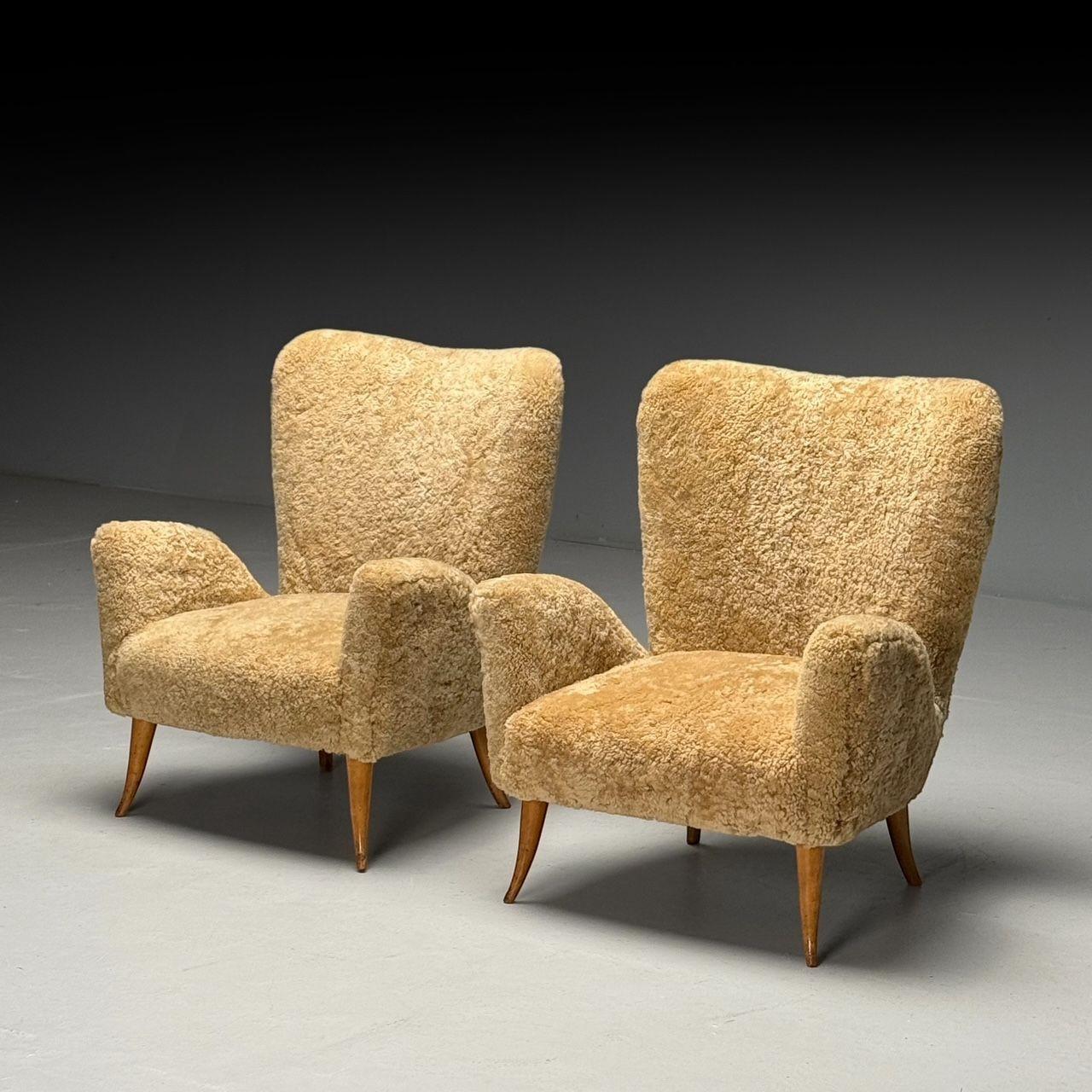 Sheepskin Carlo Broggi, Cantù, Italian Mid-Century Modern Lounge Chairs, Shearling, 1950s For Sale
