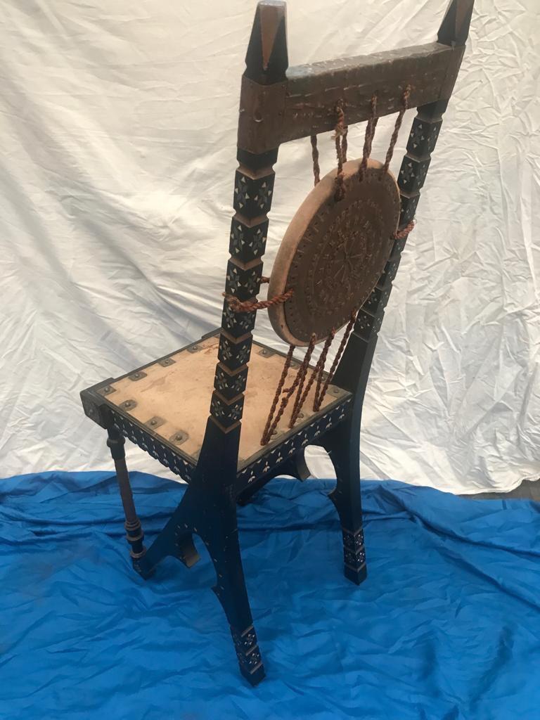 Carlo Bugatti Pair of Chairs in Walnut Parchment Copper Bone, Italy, 1900 In Good Condition For Sale In Aix En Provence, FR