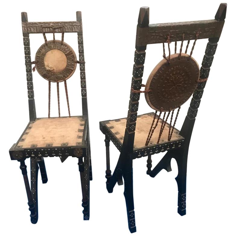 Carlo Bugatti Pair of Chairs in Walnut Parchment Copper Bone, Italy, 1900 For Sale
