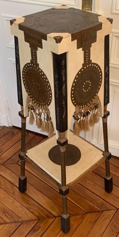 Carlo Bugatti Pedestal in Walnut and Vellum, Bone Copper Pewter, Italy, 1900