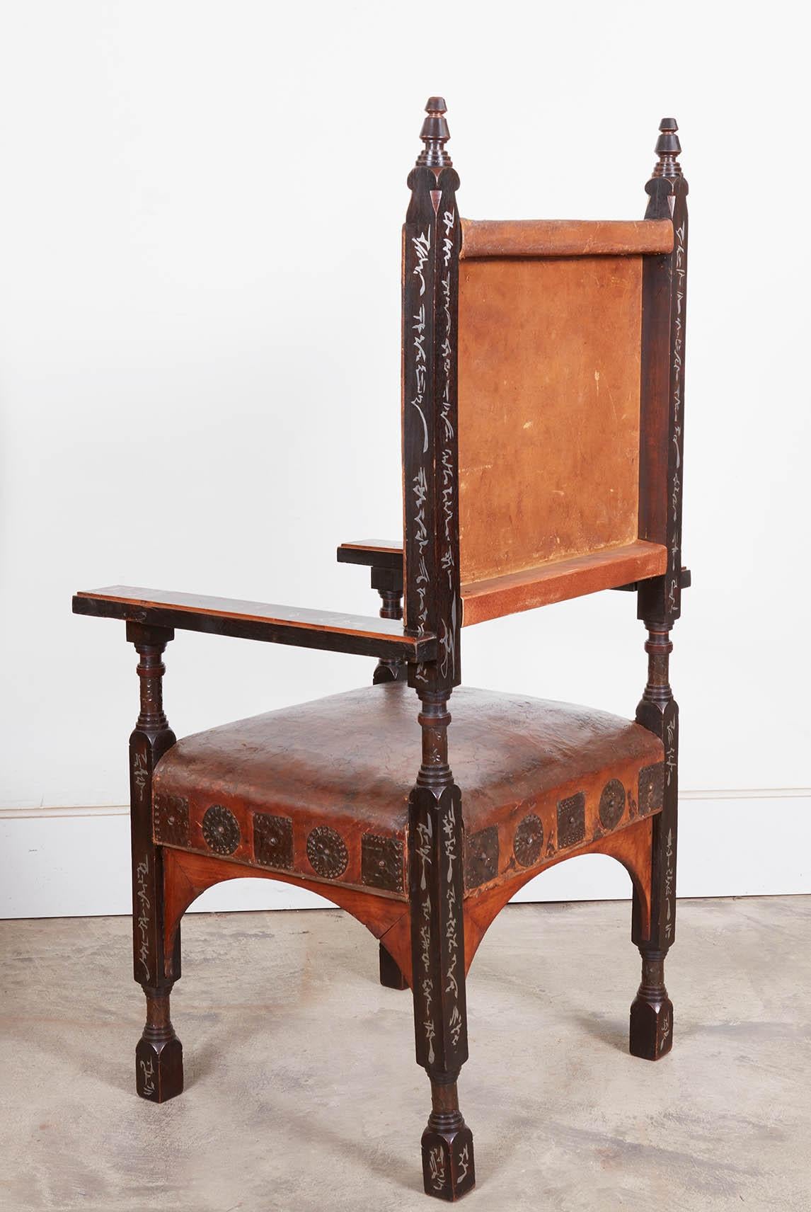 Italian Carlo Bugatti Pewter Inlaid and Walnut  Upholstered  Armchair