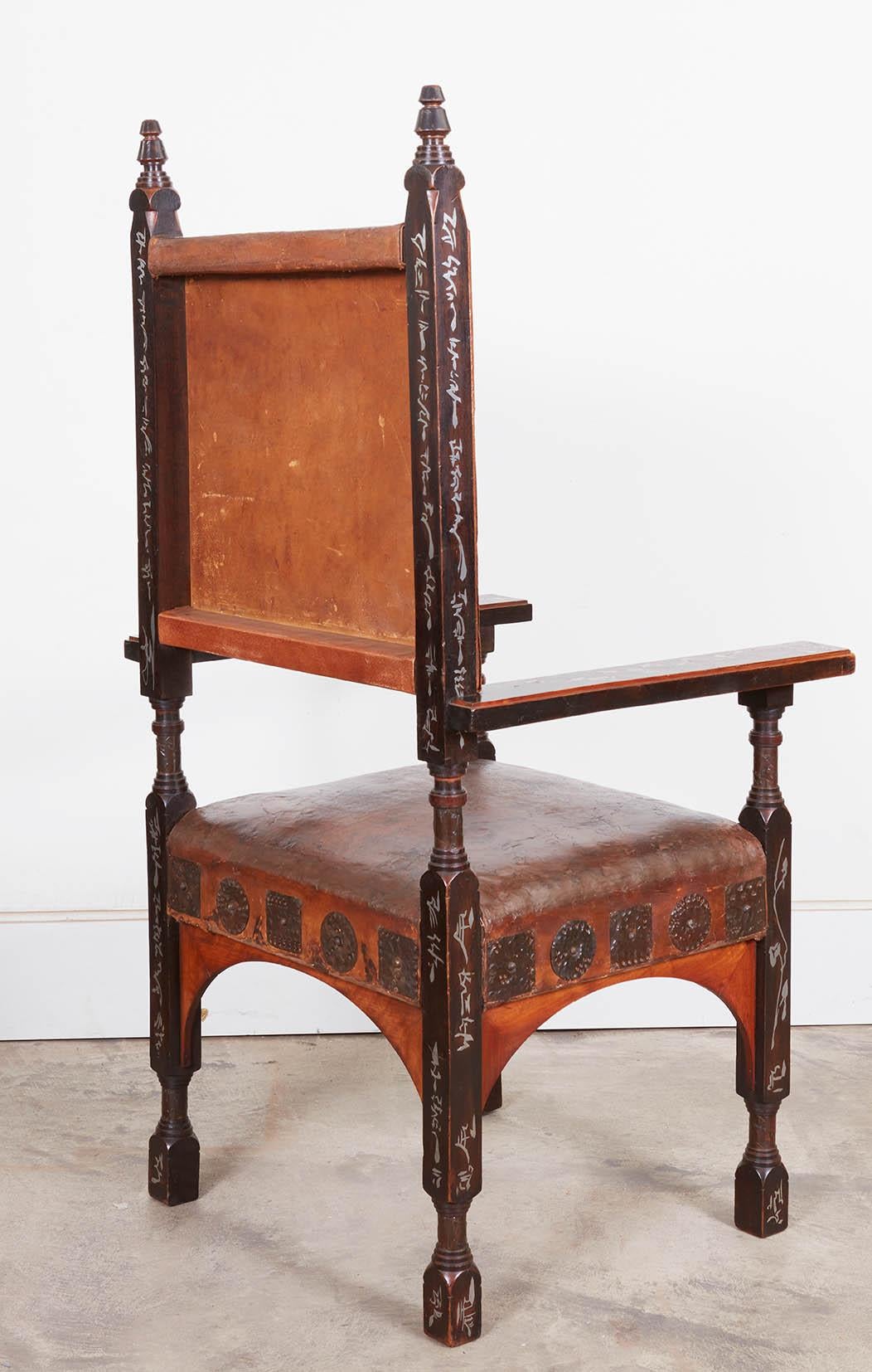 Early 20th Century Carlo Bugatti Pewter Inlaid and Walnut  Upholstered  Armchair