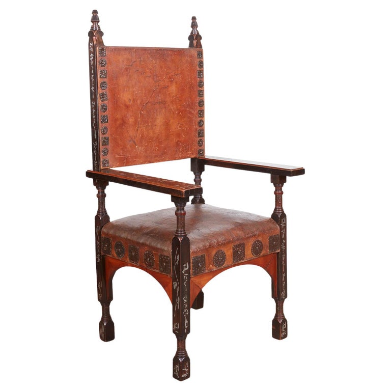 Carlo Bugatti Pewter Inlaid and Walnut  Upholstered  Armchair For Sale