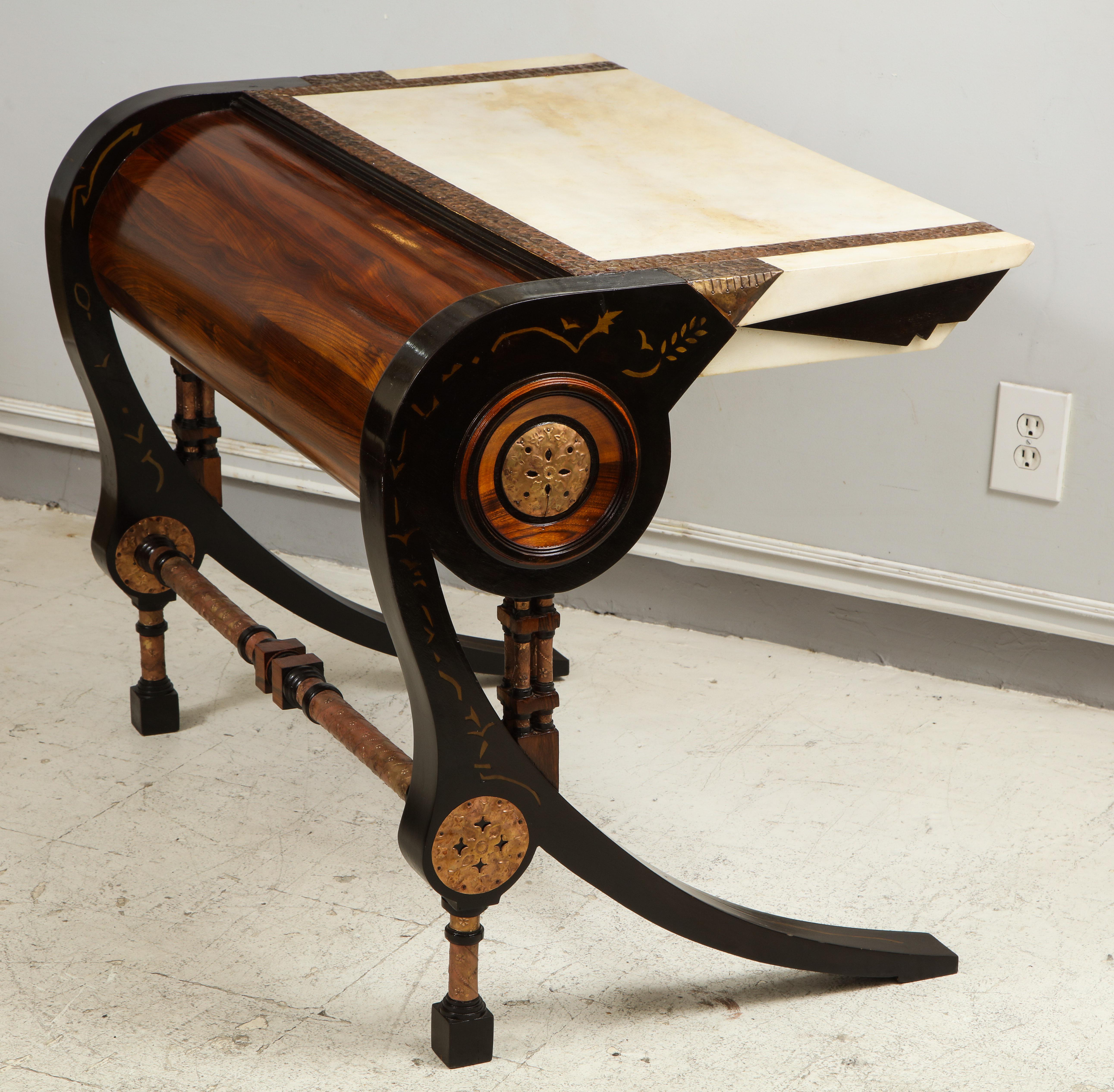 Carlo Bugatti-style writing desk with chair
Dimensions for desk are H 29.5 x W 38.5 x D 27.5
Chair H 39 x seat Height 17x W 19.5 x 19.5.