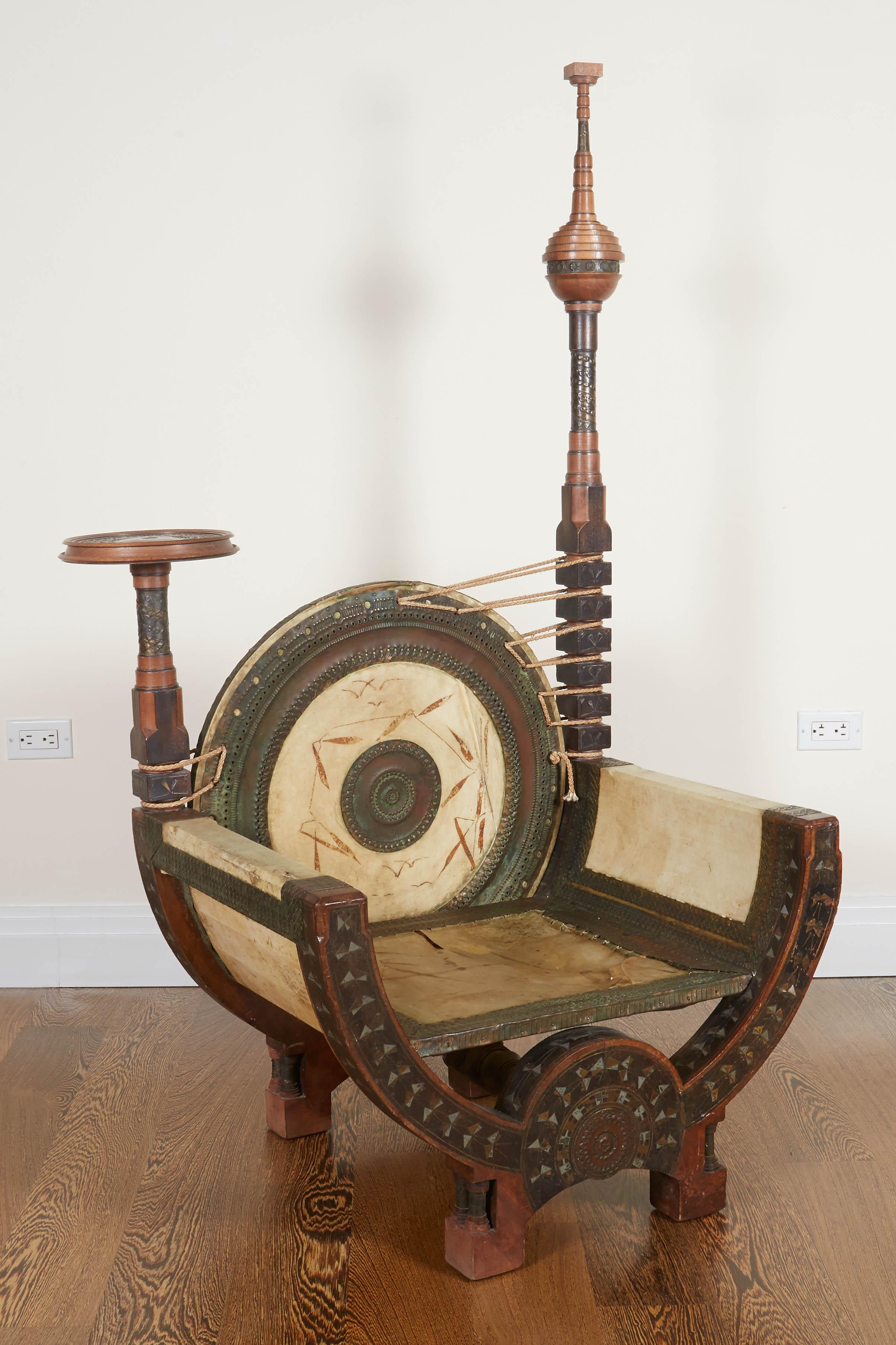 Carlo Bugatti Throne Chair in Ebonized Wood, Vellum and Copper In Fair Condition In New York, NY