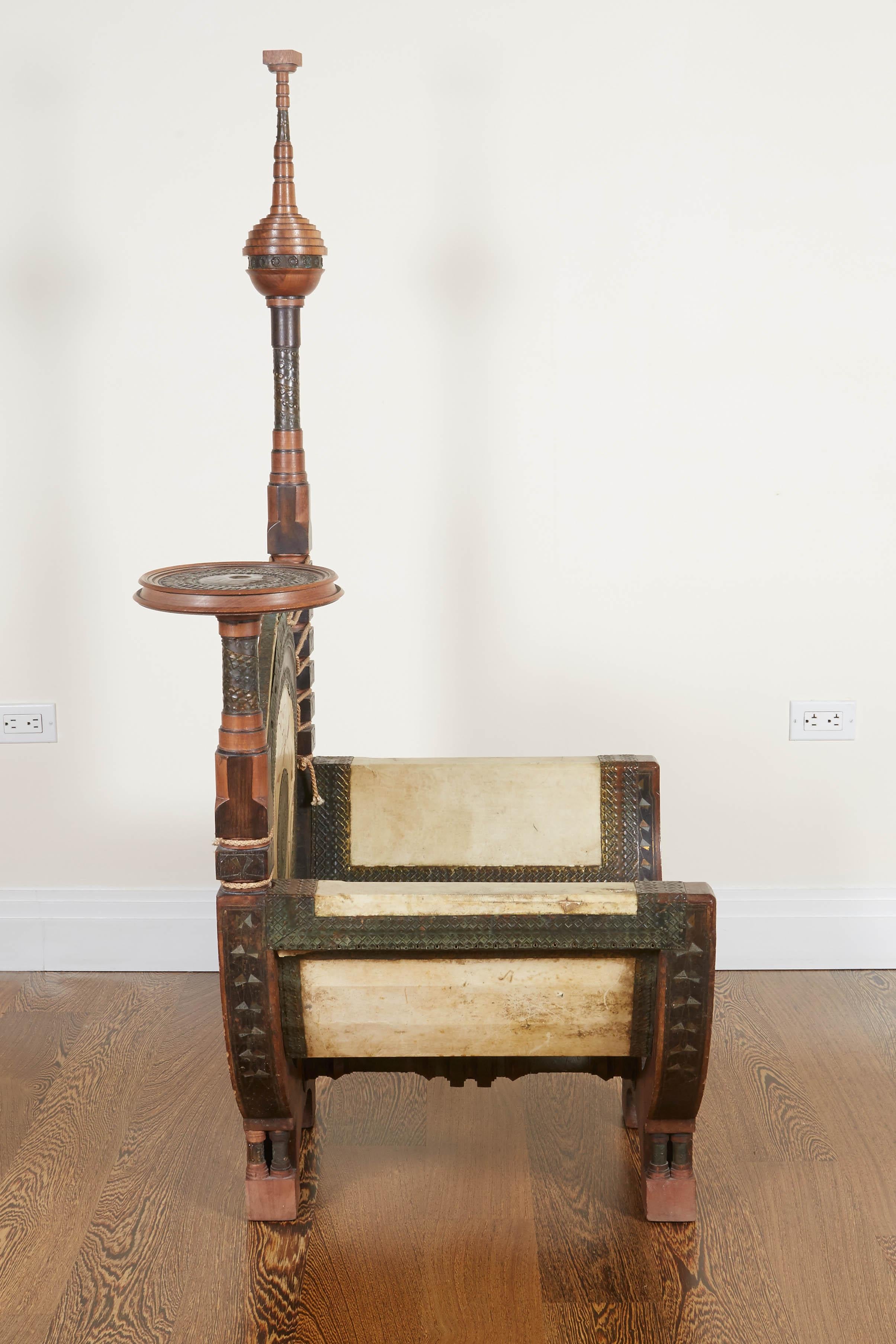 Early 20th Century Carlo Bugatti Throne Chair in Ebonized Wood, Vellum and Copper