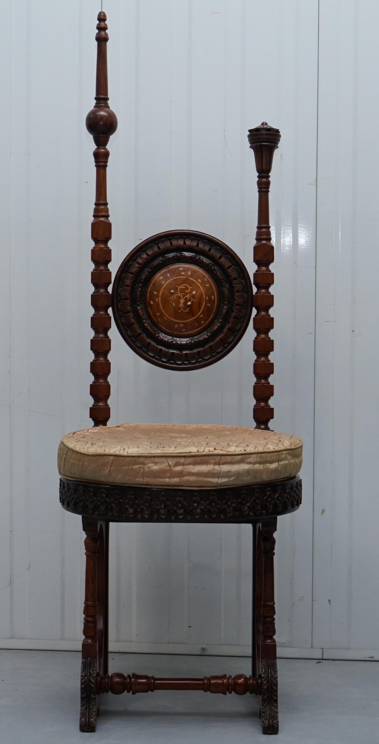 We are delighted to offer for sale this rare circa 1900 Carlo Bugatti throne chair.

This chair is in nice vintage condition throughout, its all solid hardwood with a very old upholstered cushion, the timber was a little rough, we have lightly