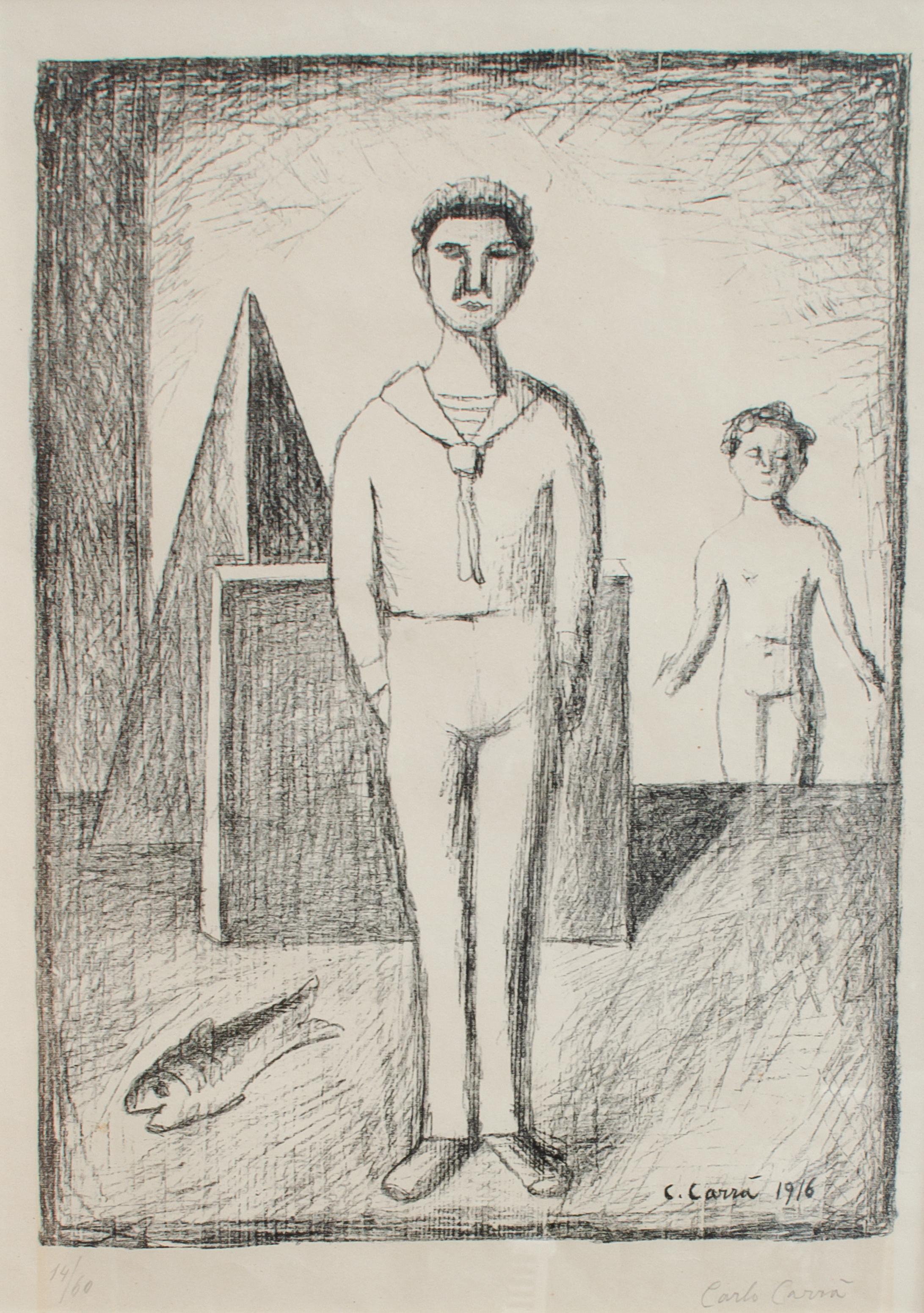 Carlo Carrà (italiano, 1881-1966)
Senza titolo, 1916
Litografia
Vista: 15 3/4 x 11 1/4 di pollice.
Incorniciato: 23 1/2 x 18 1/2 x 1 poll.
Edizione 14/60
Numerato in basso a sinistra, firmato e datato in basso a destra

Carlo Carrà è stato un