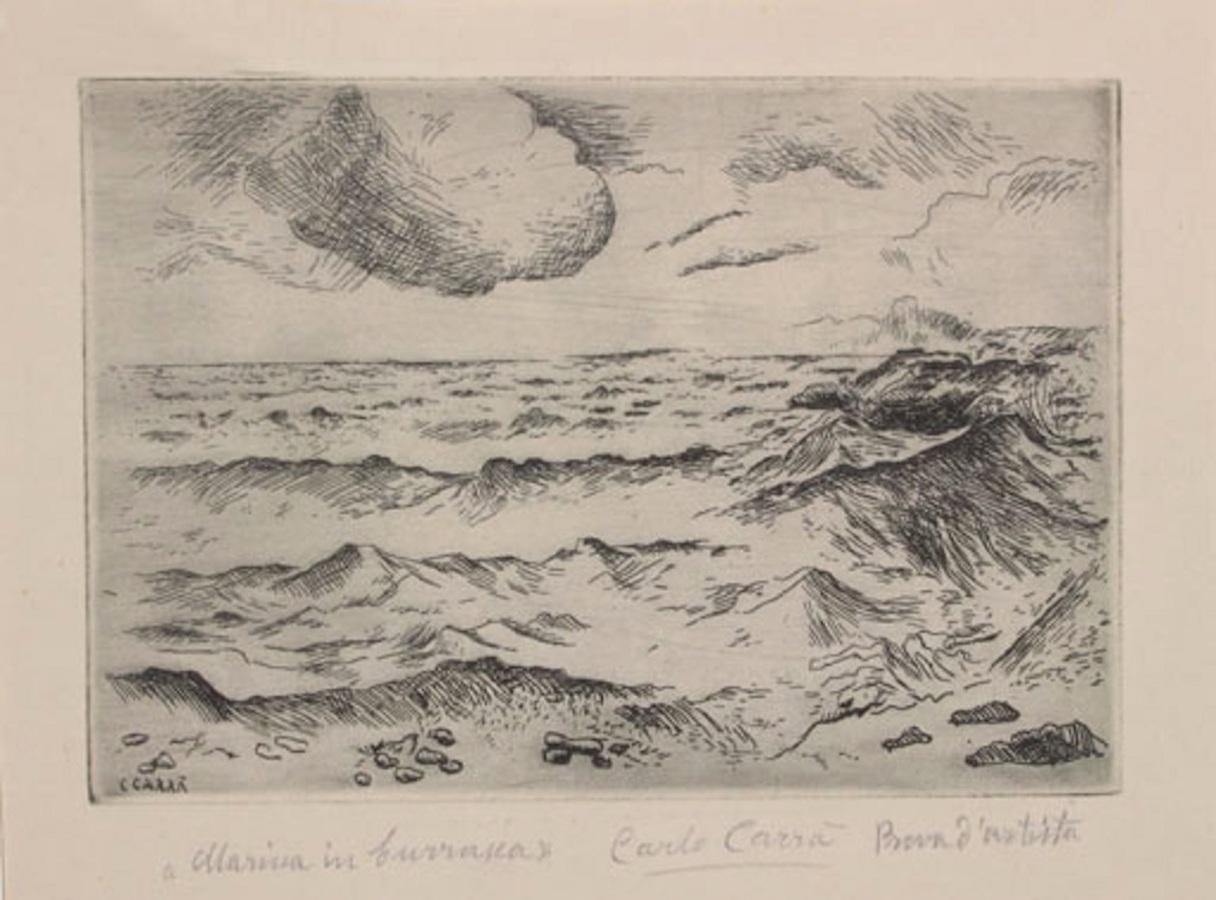Marina in Burrasca - Original Etching by Carlo Carrà - 1924