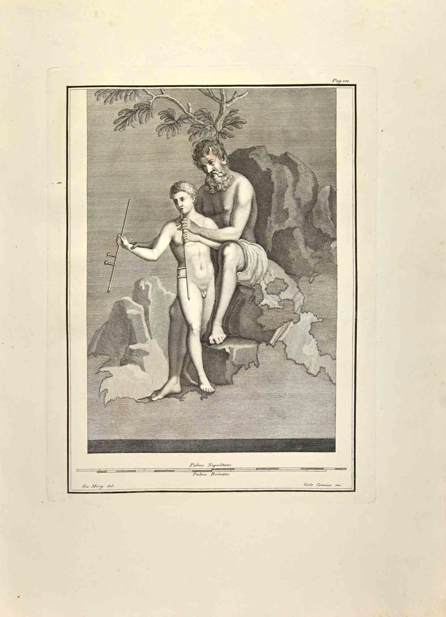 Pan Teaching  Daphnis To Play from "Antiquities of Herculaneum" is an etching on paper realized by Carlo Cataneo in the 18th Century.

Signed on the plate.

Good conditions with some folding.

The etching belongs to the print suite “Antiquities of