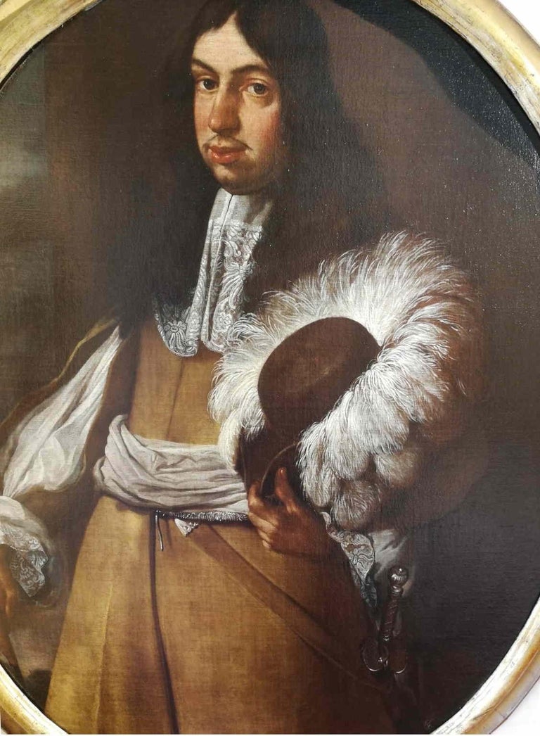 The painting represents the portrait of a young gentleman from the late XVII century, stylishly
and modish dressed. The figure is shown perfectly placed in space; the volume of the figure is depicted
with great competence, so the body appears