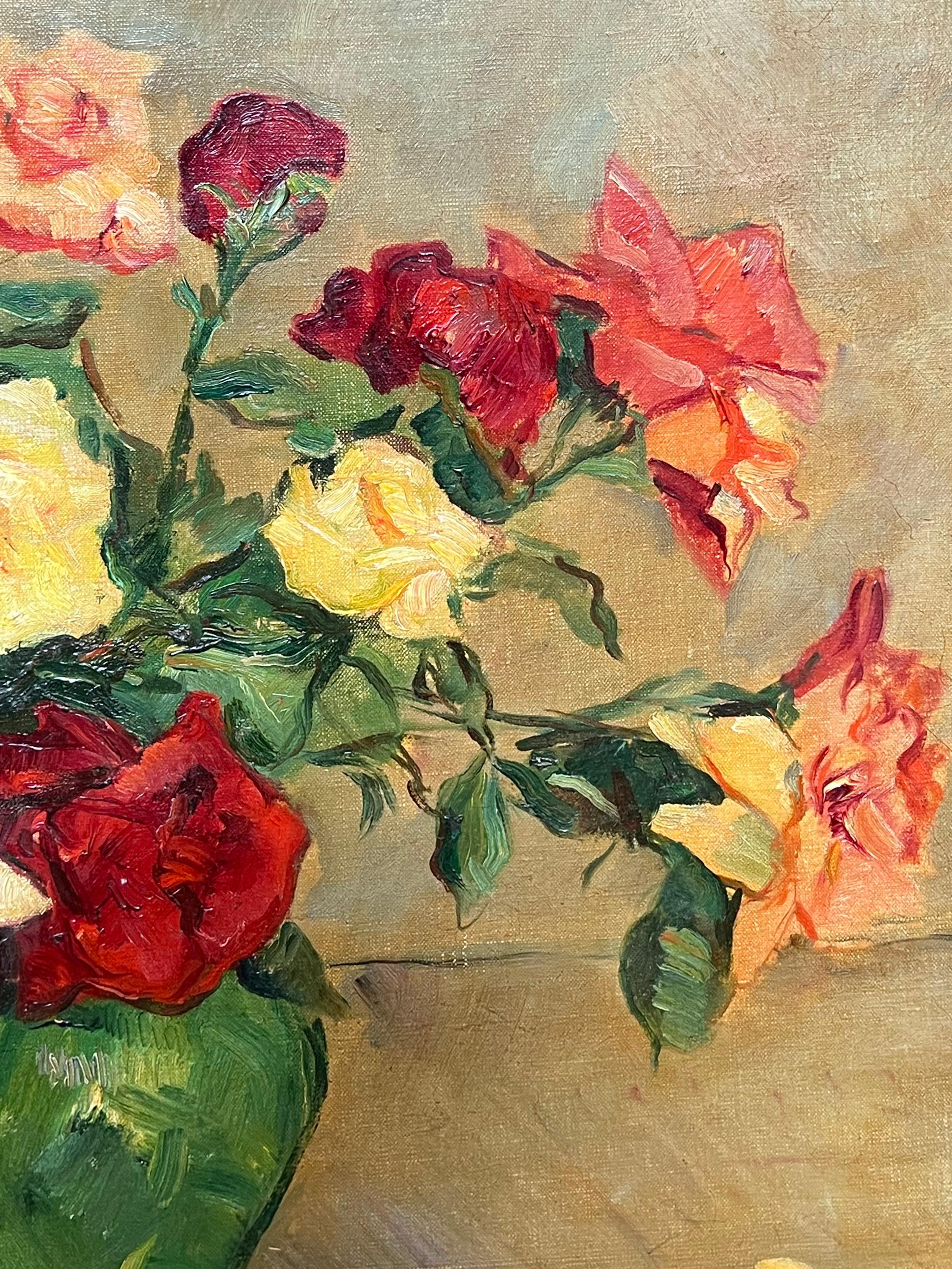 Italienische impressionistische signierte Öl-Stilllebenvase mit Rosen in Grün, Italien, Mitte des 20. Jahrhunderts im Angebot 5