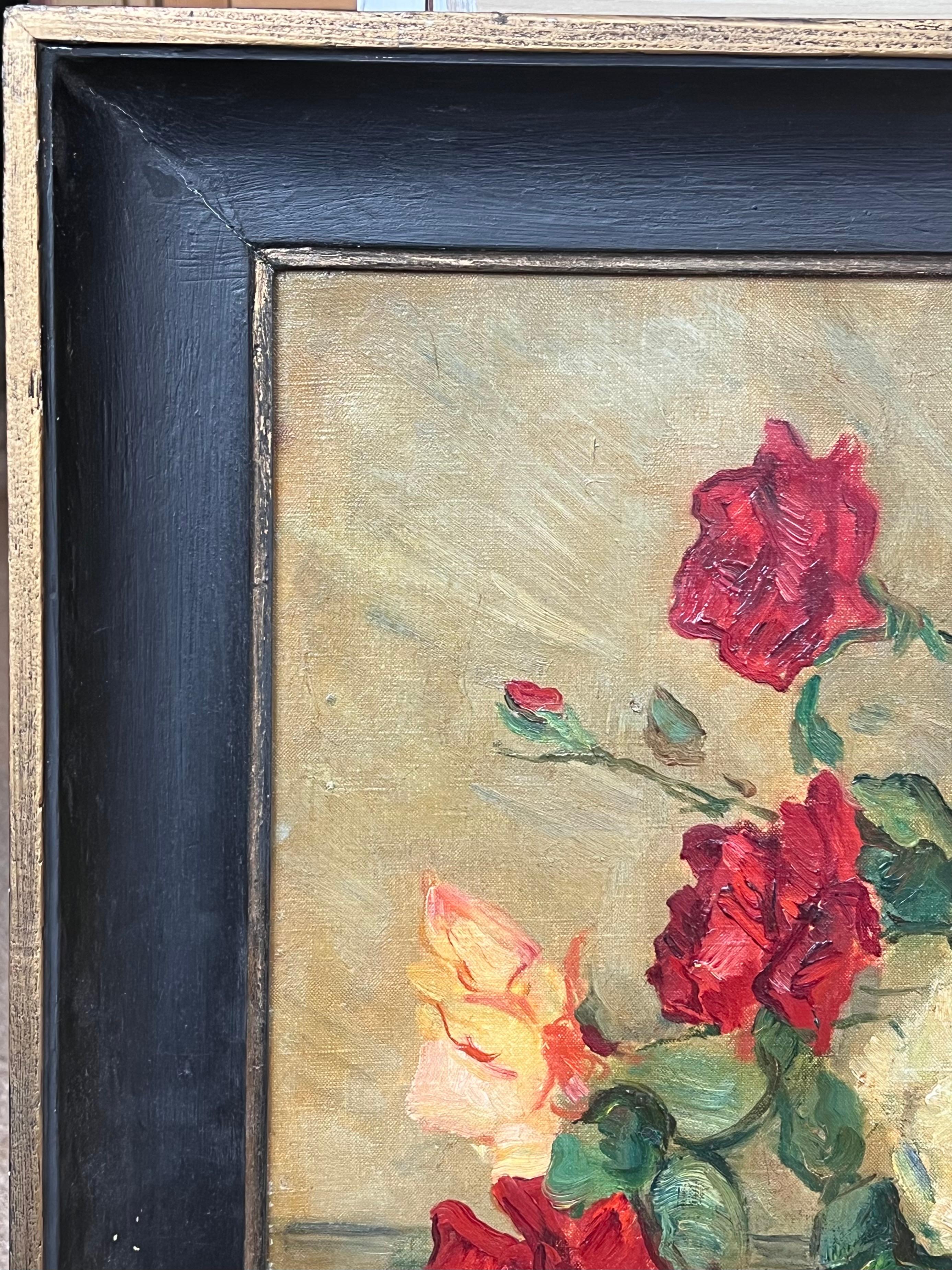 Italienische impressionistische signierte Öl-Stilllebenvase mit Rosen in Grün, Italien, Mitte des 20. Jahrhunderts im Angebot 6