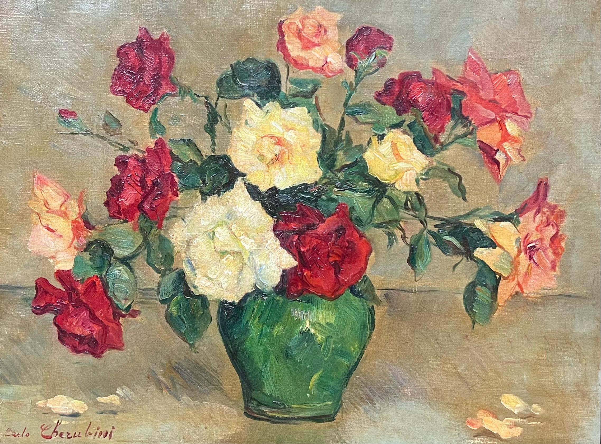Italienische impressionistische signierte Öl-Stilllebenvase mit Rosen in Grün, Italien, Mitte des 20. Jahrhunderts – Painting von Carlo Cherubini