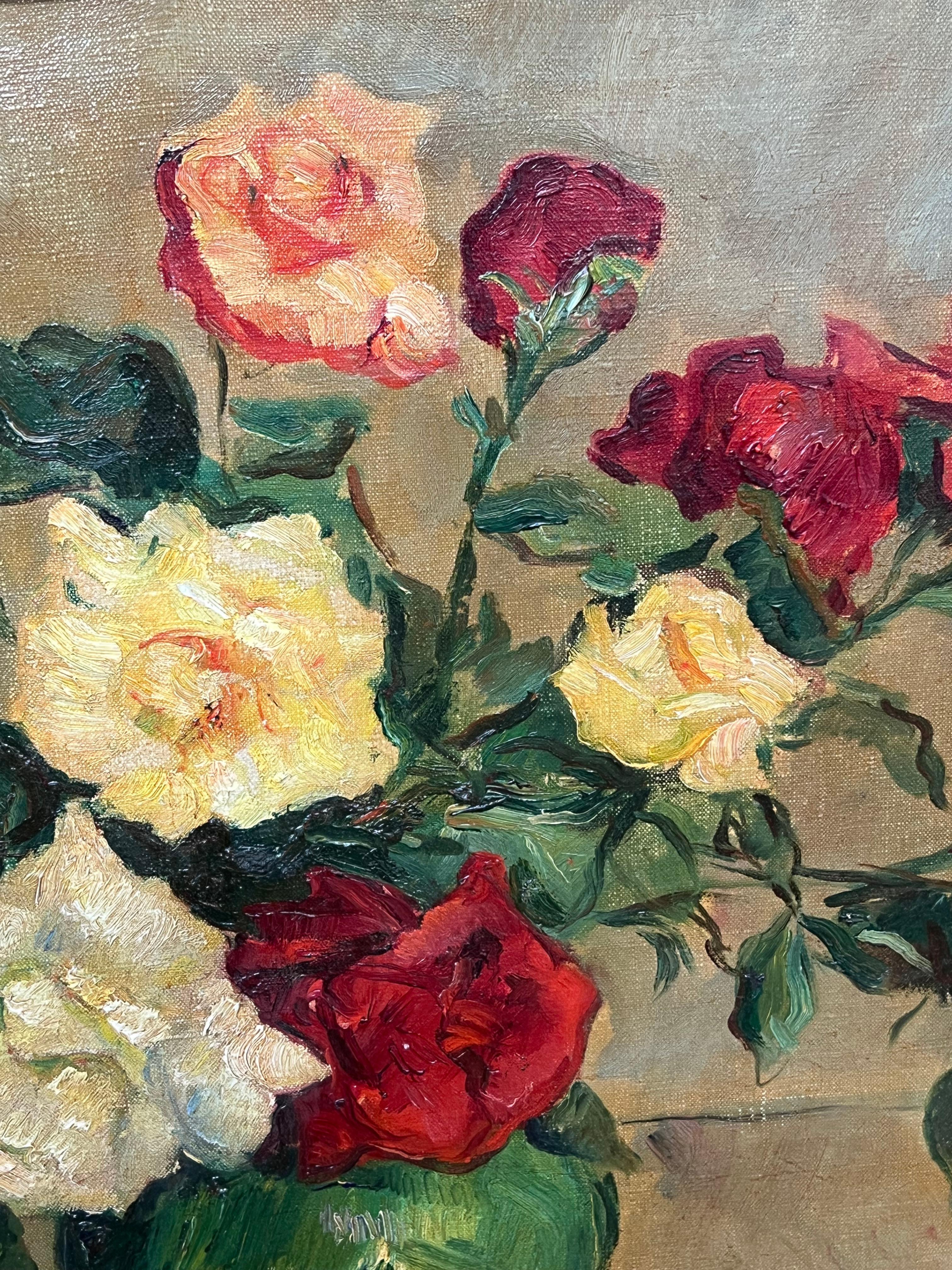 Italienische impressionistische signierte Öl-Stilllebenvase mit Rosen in Grün, Italien, Mitte des 20. Jahrhunderts (Post-Impressionismus), Painting, von Carlo Cherubini